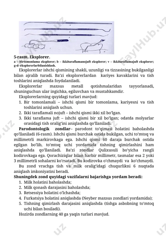 lashtiriladi. masalan, silikat tsementlar. ular tarkibidagi fosfor kislota va kukundagi abraziv donachalar hisobiga plombaning rangi o’zgarishi mumkin. gladilka – ishchi qismi kalta to’g’ri yoki egilgan shakldagi kurakchalar shaklida ifodalangan. ular dastakka nisbatan turli burchakda joylashgan. gladilkalar turli xajmda, bir tomonlama, ikki tomonlama, shtofer bilan kombinatsiyalashgan holatda ishlab chiqariladi. u yordamida ishlov berilgan karioz bo’shliqqa dori moddalar, plomba ashyolari kiritiladi va dastlabki shakl beriladi. shtofer – ishchi qismi tsilindrsimon, noksimon, dumaloq shaklda bo’ladi. plomba ashyolarini zichlashtirishda foydalaniladi. . image3.png image4.png image5.png image6.png image7.png image1.png image2.png