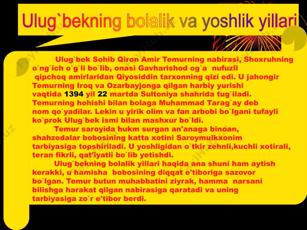 tiyoriddin qal'asidagi mol-mulkini davlat mulkiga o`tkazilishi o`g`ilning otaga nisbatan dushmanligini yanada oshirdi. ulug`bek hirotda abdullatifni qoldirib,o`zi samarqandga ketdi.ulug`bek qolgan umrmni o`z observatoriyasida ilmiy ishlar olib borish uchun bag`ishlashga qaror qiladi. lekin dushmanlar bunga yo`l qo`ymaydilar. unga makkaga borib xaj qilib, gunohlaridan pok bo`lib qaytishni taklif etadilar. o`g`ilning otaga dushmanligidan ulug`bekning raqiblari mohirona foydalanadilar. 1449 yil kuzida abdulatifning ko`rsatmasi va ruhoniylarning fatvosi bilan tunda xaj qilish uchun makkaga junab ketgan ulug`bek- ning ketidan quvib , uni samarqand yaqinida xoinlarcha o`ldiradilar. shunday qilib, astronomiya va matematika fanlari sohasida mashhur asarlar yaratgan,o`rta asrda eng katta observatoriya qurib, sharq astronomiya maktabini vujudga keltirgan,o`ziga zamondosh bo`lgan eng yaxshi olimlarni atrofiga to`plab, ularning ilmiy ish olib borishlariga katta imkoniyatlar yaratib bergan va bunday olijanob xizmatlari tufayli dunyo fani tarihida o`chmas nom qoldirgan ulug` olim ijodiy kuchlari qaynagan paytda,56 yoshida johil ruhoniy fitnachilar bilan o`z o`g`li tomonidan o`ldirilgan. uning jasadi samarqandga dafn etilgan. ulug`bekning ilmiy va madaniy …