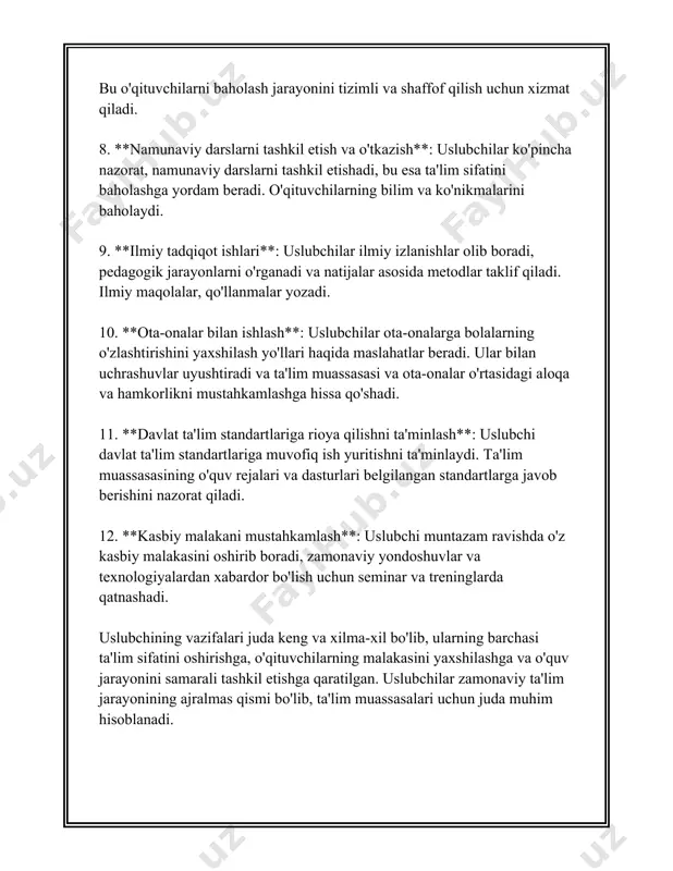 hart-sharoit yaratib berishdir. o‘quv yurtlarida bolalar axloq va ma’naviyat sohalarida ta’lim olib, kelgusida jamiyat manfaatlariga xizmat qilishlari uchun tayyorlangan bo‘lishlari kerak. shu bilan birga universitetlar va kollejlarda bu soha bo‘yicha maxsus darslar, trening va seminarlar tashkil etiladi. mavjud statistika shuni ko‘rsatadiki, jamiyatning axloqiy va ma’naviy rivojlanishi to‘g‘ridan-to‘g‘ri ta’lim muassasalari tomonidan tavsiya qilingan tarbiya ta’lim metodlariga bog‘liq. tarbiyada metodik yondashuv muhim: bolalarga qadriyatlar, axloqiy normalar va madaniy habar berish bir necha usullarda tarkib topadi, bu usullar turli yosh toifalariga mos ravishda uzatiladi. bu jarayonda turli xil innovatsion usullar, yangi texnologiyalar, multimediya vositalari qo'llaniladi, bu usullar bolalarning o‘qish jarayonidagi ishtiyoq va qiziqishini oshiradi. shu bilan birga, bola psixologiyasi, qiziqishlari va iste’dodlarini aniqlash ham tarbiyachilar uchun muhim vazifa hisoblanadi. shu o‘rinda psixolog maslahati va qo‘llab-quvvatlashi, psixologik treninglar ham katta ahamiyatga ega. xulosa qilib aytganda, tarbiyaning asoslari ko'p qirralarni o‘z ichiga oladi, va bu jarayon doimiy e'tibor va yangilanishni talab qiladi. bolalar tarbiyasi – …