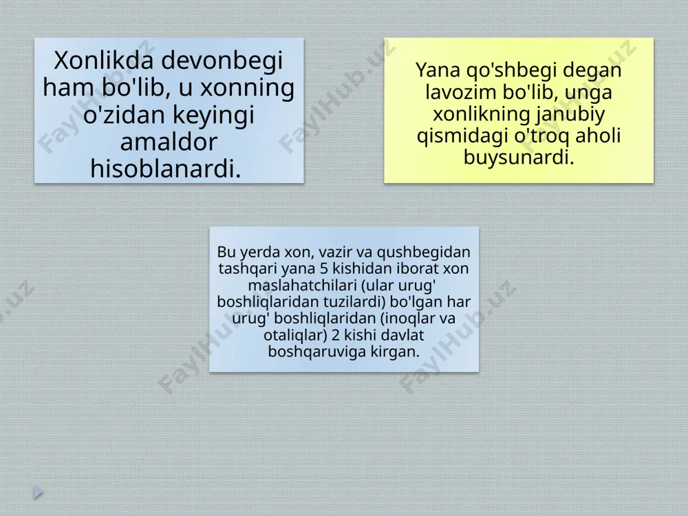 madrasasini (1719) kiritish mumkin. xonlikning xiva, urganch, xazorasp, xo'jayli, tashouz, gurlan, xonqa va boshqa shaharlarda hunamandchilik rivojlangan bo'lib, ipakdan jundan ajoyib matolar, gilamlar ishlab chiqarilgan. shuning uchun yuqoridagi shaharlarda savdo-sotiq gavjum bo'lgan. ayniqsa afg'oniston va rossiya bilan savdo-sotiq yuqori bo'lgan. masalan faqat 1844 yilda rossiyaga 137 ming so'mlik turli tovar chiqarilgan. rossiya esa xivaga shu yili 276 ming so'mlik tovar olib kelgan. qishloq xo'jaligida asosan qo'l mehnatidan foydalanilgan. mehnat qurollari qoloq bo'lgan. bu o'z navbatida xonlikda iqtisodiy ahvolni yomonligiga sabab bo'lgan har uch xonlikda, jumladan xiva xonligida ham o'z puli bo'lgan. bu pullar oltin, kumush tangalar va mis puldan iborat bo'lgan. buxoro amirligida sotsial-iqtisod va madaniy hayot haqida to'xtaladigan bo'lsak, shuni alohida ta'kidlash zarurki, davlat tuzumi o'rta osiyodagi boshqa xonliklardagidek (xiva va qo'qon) feodal tuzumi bo'lgan. davlat shakli ham boshqa xonliklardagidek feodal monarxiya bo'lgan amir dinning boshlig'i, muhammadning xalifasi sanalgan. xonlik aholisi o'troq va ko'chmanchi xalqlardan iborat edi. xonlik aholisi …