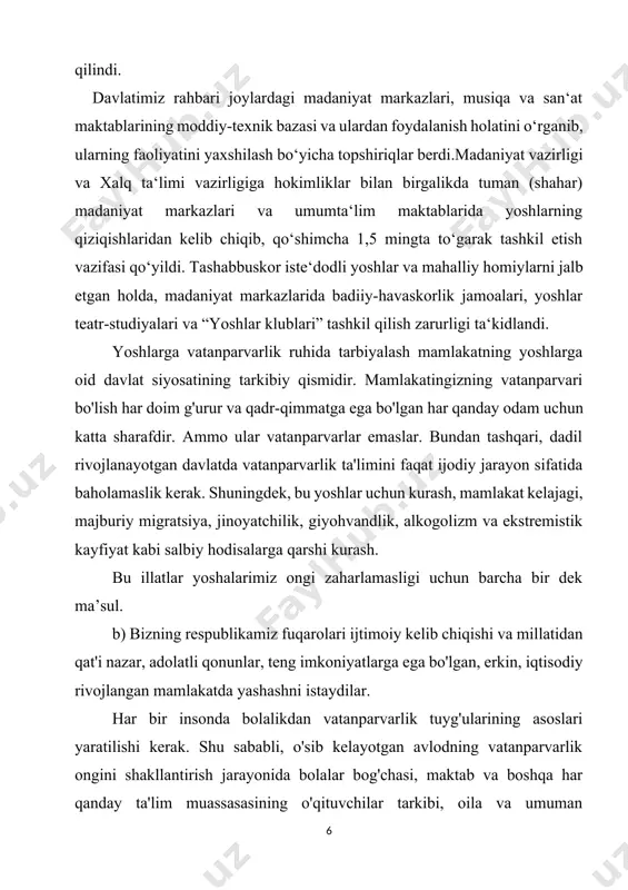 rishga mas‘ul bo‘ladi, tuman va shaharlar hokimlari esa ushbu ishlarga moddiy va tashkiliy jihatdan yordam beradi. musiqa va san‘at sohasida oliy ma‘lumotli kadrlarni ko‘paytirish masalasiga ham e‘tibor qaratildi. oliy va o‘rta maxsus ta‘lim hamda xalq ta‘limi vazirliklariga muayyan mavzular bo‘yicha tarix darslarini muzeylar, tarixiy obidalar, qadamjo va teatrlarda sayyor o‘tkazilishini tashkil qilish topshirildi. ikkinchi tashabbusga doir masalalar muhokama qiladigan bo’lsak, mamlakatimizda 12 mingdan ziyod sport inshootlari borligi, lekin yoshlarni jismoniy tarbiya va ommaviy sportga qamrab olish darajasi yetarli emasligi qayd etildi. umumta‘lim maktablarining sport anjomlari bilan jihozlanish ko‘rsatkichi respublika bo‘yicha 56 foizni, jumladan, surxondaryo viloyatida 12 foizni, xorazmda 14 foizni, qoraqalpog‘istonda 15 foizni tashkil etadi, xolos. yoshlarni jismoniy tarbiya va sportga keng jalb etish borasidagi chora-tadbirlar belgilab berildi. tuman va shaharlar hokimlarining yoshlar masalalari bo‘yicha o‘rinbosarlariga mutaxassislar bilan birgalikda yoshlarning sport turlariga qiziqishi hamda sport inshootlarining jihozlanish darajasini o‘rganib, shu asosda takliflar berish, vazirlar mahkamasiga ularni amalga oshirish uchun zarur …