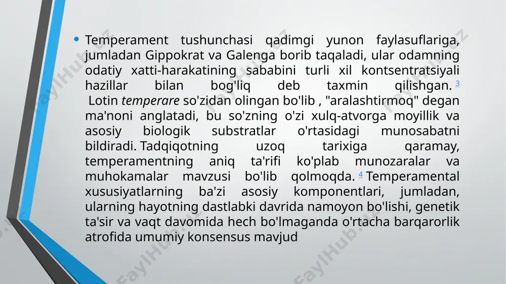 ko'rishadi, temperament vaqt o'tishi bilan shaxsiyatning yanada murakkab xususiyatlariga aylanadigan dastlabki qurilish bloklari yoki substratlaridir. kogon yozganidek, “[t] muhit shaxsiyatni shakllantirish uchun o'sha temperamentga ta'sir qiladi. binobarin, temperament an'anaviy ravishda bolalar va chaqaloqlarni tasvirlash uchun ishlatilgan, holbuki shaxsiyat odatda kattalar va o'smirlarga nisbatan qo'llaniladi, hatto o'lchanadigan o'ziga xos o'lchamlar juda o'xshash bo'lsa ham. xulosa qilib aytganda, temperament va shaxsiyat o'rtasidagi munosabatlarda juda ko'p chalkashliklar mavjud. ushbu konstruktsiyalar o'rtasida, ayniqsa, katta yoshdagi bolalar va kattalarni hisobga olgan holda, ko'p miqdorda o'xshashlik mavjud - bu ko'pchilikning har qanday farq mazmunli emas, balki tarixiyroq degan xulosaga kelishiga olib keldi. rivojlanish jarayonini ko'proq aniqlashga urinayotganlar, temperamentni erta paydo bo'ladigan va ko'proq konstitutsiyaviy asosga ega bo'lgan moyilliklarni saqlab qolishga moyil bo'lib, ularga shaxsiy xususiyatlar hayot davomida qo'shimcha tajribalar va kognitiv qobiliyatlar paydo bo'lishi natijasida shakllanadi va o'zgartiriladi. ushbu ko'rib chiqish maqsadlari uchun biz o'z sharhlarimizni asosan shaxsiyat yoki xarakter emas, balki bola va o'smir temperamentini …