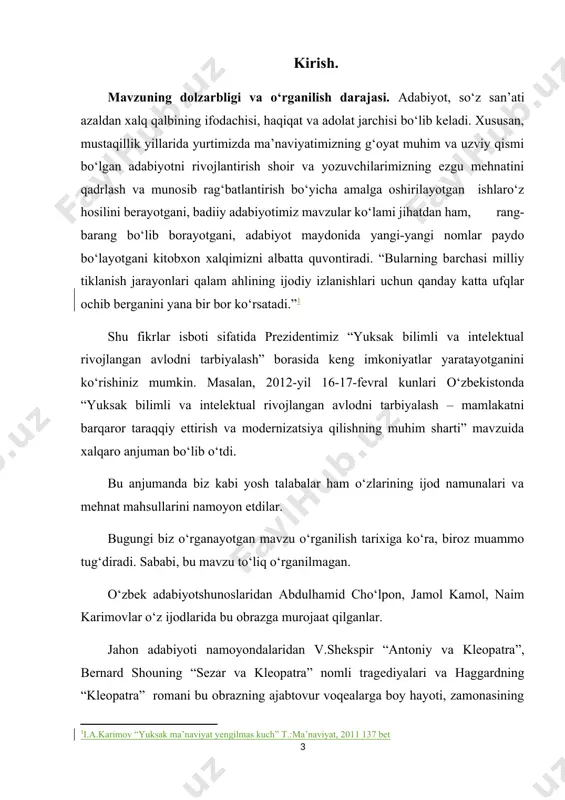va vazifalari. bunda jahon va o‘zbek adabiyotida kleopatra obrazi qanday aks etgan, qaysi o‘rinlarda jahon va o‘zbek adabiyotida kleopatraning farqli jihatlari namoyon bo‘lishlarini o‘rganish maqsad qilib olingan. belgilangan maqsadga erishish uchun quyidagi vazifalar hal etiladi: · yozuvchilar asarlarida kleopatra obrazi qanday ifodalangan, ulardagi o‘ziga xos xususiyatlar nimalarda aks etgan; · yozuvchining o‘ziga xos bo‘lgan tasvirlash usullari va qahramonlari porteti; · tanlangan mavzu, asarlarida aks ettirilgan davr, voqealar kabi holatlar yozuvchining ijodiy uslubiga ta’siri. bitiruv- malakaviy ishimizdan asosiy maqsad : kleopatra ismli ayol bugungi kunda ham barchaning e’tiborini tortadi. ommaviy axborot vositasi va televideniyada ham qahramonimiz haqida qiziqarli maqola yoki ma’lumot chiqsa ham eshitadi, ko‘radi va o‘qiydi. kleopatra ismli misr malikasi haqida uning bir qancha qirralari va o‘zbek adabiyotida qanday tasvirlangani xususida ma’lumotlar berish tadqiqot ishimizning asosiy maqsadidir. biz bilgan kleopatra qanday bo‘lgan-u badiiy uydirma orqali qanday gavdalangan. masalan, tarixiy kleopatra adabiyotdagi kleopatradan ba’zi bir jihatlari bilan farq qiladi. badiiy misol …
