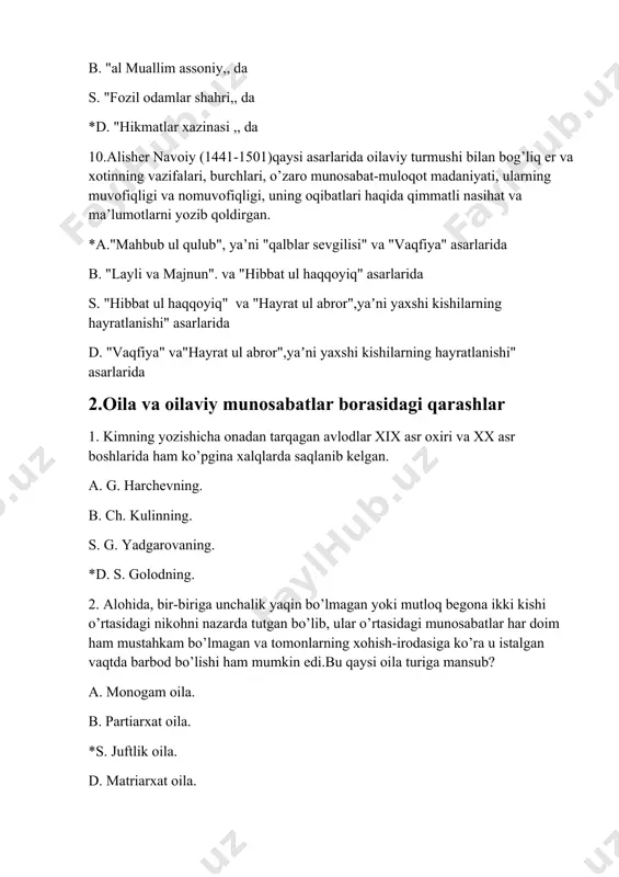 tiarxat oila. *s. monogam oila. d. matriarxat oila. 6.kimning kitoblarida bu ikki tushunchani farqlovchi jihatlar aniq belgilangan. xususan, uning talqinida “nikoh – erkak va ayol o‘rtasidagi tarixan o‘zgaruvchan o‘zaro munosabatlarni bildirib, shu orqali jamiyat ularning jinsiy hayotlarini tartibga soladi, o‘zaro er-xotinlik munosabatlarini hamda farzandlari bilan shakllanadigan munosabatlarni, bu boradagi huquq va majburiyatlarni belgilaydi, yo‘naltiradi” *a. g. harchevning. b. ch. kulinning. s. g. yadgarovaning. d. s. golodning. 7.respublika “oila” ilmiy-amaliy markazi nechanchi yilda o’tkazgan tadqiqot natijalariga ko’ra, ajralishib ketgan yosh oilalarning 90 foizidan ortig’i nikoh motivi-sababi sifatida “sevish-sevilish”ni ko’rsatganlar. a. 2007-yil. b. 2009-yil. s. 2005-yil. *d. 2003-yil. 8.i.a. karimov rahbarligida nechanchi yilda imzоlаgаn “o’zbеkistоn хоtin-qizlаr qo’mitаsi fаоliyatini qo’llаb-quvvаtlаshning qo’shimchа chоrа-tаdbirlаri to’g’risidаgi” fаrmоni vа хukumаtning bu bоrаdа 299-sоnli qаrоri qаbul qilinib, ulаrdа ijtimоiy-gumаnitаr fаnlаr, jumlаdаn, psiхоlоgiya fаni оldigа dоlzаrb muаmmо sifаtidа gеndеr muаmmоlаrini ilmiy vа аmаliy jihаtdаn tаdqiq qilishni yo’lgа qo’yish vаzifаsi bеlgilаndi. a. 2005 yil 20 mаydа imzоlаgаn b. 2003 yil …