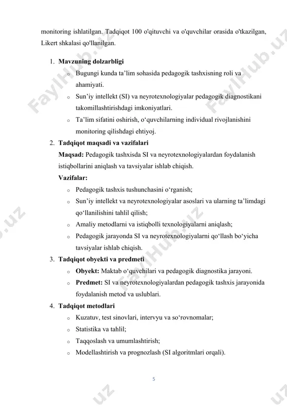 ni erta aniqlash imkonini beradi. bugungi kunda ta’limda tashxis faqat bilimni o‘lchash bilan chegaralanmaydi, balki shaxsning ijodiy salohiyatini, ijtimoiy moslashuvchanligini, psixologik barqarorligini ham baholashga xizmat qilmoqda.[footnoteref:2] [2: ziyomuhamedov b. ta’limda innovatsion texnologiyalar. – toshkent: fan va texnologiya, 2022.] shaxs rivojlanishini aniqlashdagi ahamiyati · o‘quvchi shaxsining bilim olish sur’atlarini, diqqat, xotira va tafakkur faoliyatini kuzatish imkonini beradi. · qobiliyat va iste’dodlarni erta aniqlashga yordam beradi. · shaxsning ijtimoiylashuv jarayonini va kommunikativ malakalarini kuzatish imkonini beradi. · inkluziv ta’lim sharoitida maxsus ehtiyojli bolalarning rivojlanishini baholashda muhim o‘rin tutadi. shaxs rivojlanishini tashxis qilish ta’lim-tarbiya jarayonini individual yondashuv asosida tashkil qilish, shuningdek, differensial ta’limni joriy etish imkonini beradi.[footnoteref:3] [3: hasanov o. ta’lim monitoringi va baholash tizimlari. – toshkent: ilm ziyo, 2020.] an’anaviy tashxis usullari pedagogik tashxis uzoq yillar davomida quyidagi klassik metodlar orqali amalga oshirilib kelgan: 1. kuzatuv – o‘quvchi faoliyatini, xulq-atvorini va o‘qishga munosabatini tabiiy sharoitda kuzatish. 2. suhbat – o‘quvchi bilan bevosita …