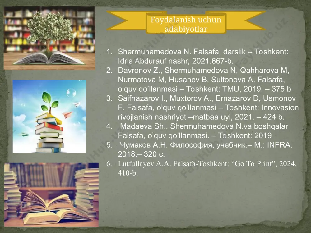 yer, daraxt va metallardan tashkil topgan daosizm(er.avv.7-6 asr.) “dao” – («yo‘l», «taraqqiyot», «dunyo negizi») obyektiv tabiiy qonuniyatdir. asoschisi faylasuf lao – szi. dunyoda abadiy harakat va qarama-qarshiliklarning bir-biriga bog‘liqligi amal qiladi. konfutsiy o`zining falsafiy qarashlarida tarbiya masalalariga katta e’tibor qaratgan. odamlar o`z tabiatiga ko`ra bir-birlariga o`xshaydilar, faqat tarbiyaga ko`ra ular bir-birlaridan farqlanadilar. konfutsiy fikricha insonlar o`rtasida o`zaro muhabbat, hurmat tamoyillari hukmron bo`lishi kerak. zardo`shtiylik zardoshtiylik ta`limoti o`rta osiyoda mill.avv vi mil. iii asrgacha hukmronlik qildi. u nafaqat din bo`lmay o`sha davr hukmron mafkurasi ham edi. uning muqaddas kitobi “avesto” bo`lgan. “avesto”da qoralandi: g`arazgo`ylik xasad manmanlik fitna-fasod ulug`landi va`daga vafo qilish samimiyat xolislik o`zaro izzat-hurmat moniy ta`limoti zardushtiylikdan yangi oqim-moniychilik kelib chiqadi. bu ta’limotning asoschisi moniy. uning ta’limoticha, olamda nur dunyosini – yaxshiik va zulmat dunyosi – yovuzlik mavjud. ular o`rtasida abadiy kurash boradi. mazdak ta’limoti 5-6 – asrga kelib o`rta osiyo va eronda kuchayib borayotgan zulmga qarshi mazdak boshchiligida xalq …