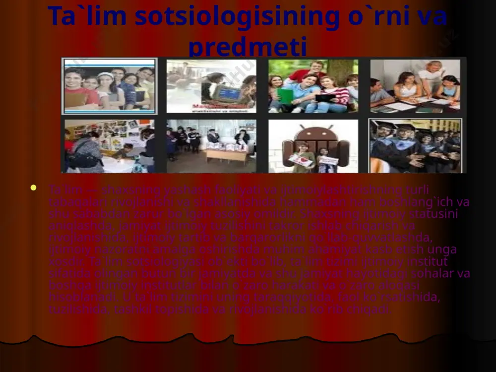 . bularga taraqqayotning ijtimoiy sharoitlari, turli ta`lim tizimining ishlab turishida va rivojlanishida, birinchi navbatda zamonaviy, ularni ijtimoiy jarayon va ilmiy-texnik talablar bilan yuzaga keltirishlilik, ta`lim instituti ijtimoiy funktsiyalari va uning jamiyat hayotidagi roli ta`lim tizimida ijtimoiy tenglik (yoki notenglik) printsiplarini amalga oshirish, uning jamiyat ijtimoiy tuzilishi va ijtimoiy harakatchanlik bilan o`zaro bog`liqligi va o`zaro harakati, ta`lim tizimida jamiyat ehtiyojlari va talablarini, ijtimoiy gyryhlap va shaxslar, ijtimoiy tuzilish o`zgarishida va takror ishlab chiqarishda ta`lim tizimining rolini, ta`lim tizimining boshqa ijtimoiy institutlar bilan o`zaro munosabatlari va hokazo muammolari kiradi. ta`lim sotsiologiyasi ta`lim va sotsiumning chuqur va mustaqil o`zaro bog`liqligini tan olishdan kelib chiqadi. sotsiologiyaning o`ziga xos sohasi sifatida, ta`lim sotsiologiyasi dastavval ta`lim tizimi va jamiyatning o`zaro harakati va o`zaro munosabatlari umumny masalalari, uning o`rni va ijtimoiy tizimdagi rolini o`rganadi. bularga taraqqayotning ijtimoiy sharoitlari, turli ta`lim tizimining ishlab turishida va rivojlanishida, birinchi navbatda zamonaviy, ularni ijtimoiy jarayon va ilmiy-texnik talablar bilan yuzaga keltirishlilik, …