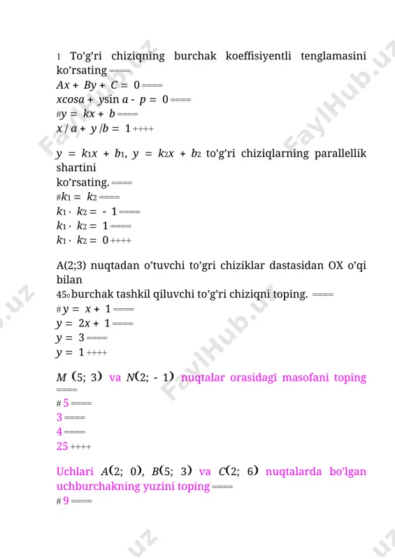 i» asarining muallifi kim bo’lgan? ==== # al-xorazmiy ==== umar xayyom ==== ibn sino ==== al-ma’mun ++++ algoritm iborasi kimning nomi bilan bog’liq? ==== # al-xorazmiyning ==== al-ma’munning ==== umar xayyomning ==== ibn sinoning ++++ determinantning satrlaridagi hamma elementlarini mos ustunlaridagi elementlari bilan almashtirganda u qanday o’zgaradi? ==== # o’zgarmaydi ==== ishorasi teskarisiga o’zgaradi ==== o’zgaradi ==== ikkiga ko’payadi ++++ determinant ikkita proporsional satrga ega bo’lsa, uning kattaligi nimaga teng? ==== # 0 ==== 2 ==== -2 ==== 1 ++++ chiziqli tenglamalar sistemasining determinanti deb nimaga aytiladi? ==== # chiziqli tenglamalar sistemasi noma’lumlari koeffisiyentlaridan tuzilgan determinantga ==== chiziqli tenglamalar sistemasiga ==== chiziqli tenglamalar sistemasi ozod hadlaridan tuzilgan determinantga ==== chiziqli tenglamalar noma’lumlaridan tuzilgan determinantga ++++ n noma’lumli n ta chiziqli tenglamalar sistemasi qachon yagona yechimga ega? ==== # chiziqli tenglamalar sistemasining determinanti 0 dan farkli bo’lsa ==== chiziqli tenglamalar sistemasining determinanti 0 ga teng bo’lsa ==== chiziqli tenglamalar sistemasining determinanti …
