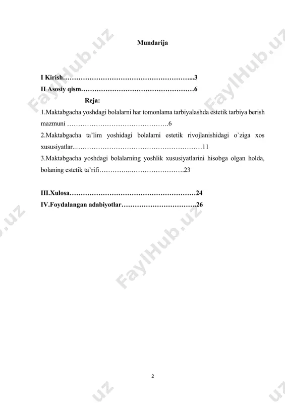 arga ilmiy bilimlar berish, ularning faol ijtimoiy faoliyati tashkil etishlari yo’lida ko’nikma va malakalarini shakllantirishni ifodalaydi. mustaqil o’zbekiston respublikasi talim tashkilotlarida tashkil etiladigan talim (malumot) ning mazmuni, avvalo, komil inson va malakaviy mutaxassisni tayyorlash jarayoni mazmuni bilan belgilanadi. o‘zbekiston respublikasida kechayotgan keng ko‘lamli ijtimoiy-ma’naviy islohotlar, fan-texnika va ishlab chiqarish keskin rivojlanib borayotganligi - jamiyat talablariga javob bera oluvchi shaxsni tarbiyalash masalasini kun tartibiga ko‘ndalang qo‘ymoqda. “o‘zbekiston respublikasida maktabgacha ta’lim to‘g‘risida”gi nizomga muvofiq bola maktabgacha ta’limni oilada, maktabgacha ta’lim muassasalarida oladi. mttda ta’lim-tarbiyani tarbiyachi-pedagoglar amalga oshiradi. tarbiyachi- pedagoglar o‘z faoliyatlarida maktabgacha ta’lim yoshidagi bolalarni har tomonlama kamol toptirish yo‘lida amaliy harakatlarni tashkil etish bilan birga ularning estetik tarbiyasiga alohida e’tibor qaratadi. davlat talablari vazifalari etib quyidagilar hisoblanadi: bolalarni maktabda o‘qishga tayyorlash; bolalarning sog‘lom va har tomonlama kamol topib shakllanishini ta’minlash hamda unda o‘qishga intilish hissini uyg‘otish; bolalarning har tomonlama rivojlanishi uchun integral ta’limni tashkil etish; shaxsga yo‘naltirilgan ta’lim-tarbiyani amalga oshirish; bolalarni …