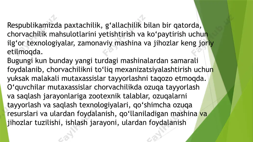 po‘chog‘i va boshqalar kiradi. dag‘al ozuqalar qoramol, qo‘y va otlar ratsionining zarur komponentlaridan biri hisoblanadi. uni kichik me’yorlarda cho‘chqa va parrandalarga ham berish mumkin. dag‘al ozuqaning tarkibida 40 foizgacha qiyin hazm bo‘ladigan, biriktiruvchi to‘qima bo‘lib, ularga ishlov berilmasa, hayvonlar ozuqani yomon iste’mol qiladi. yaxshi yeyilishi uchun dag‘al ozuqalar mexanik-issiqlik ishlovidan o‘tishi zarur. davlat standartlariga javob beruvchi pichanni, sigirlar va qo‘ylarga issiqlik ishlovisiz ham berish mumkin, lekin uni ham mexanizatsiyalashgan holda tarqatish uchun maydalash maqsadga muvofiqdir. qoramol uchun somon va pichanni 30-50 mm, otlarga 15–30 mm, qo‘ylarga 10–20 mm uzunlikda qirqib berish kerak. agar dag‘al ozuqalar suvli-shirali ozuqalar bilan birgalikda, omixta holda tayyorlansa, uning maydalanish o‘lchami 6–10 mm qilib tayyorlanadi. dag‘al poyali o‘simliklar (shuvoq va b.) qorako‘l zotli qo‘ylar uchun 3–9 mm o‘lchamgacha, parranda va cho‘chqalarga quritilgan o‘simliklar – o‘t uni 1 mm, boshqa hayvonlarga 2 mm gacha maydalanadi suvli-shirali ozuqalarga lavlagi, kartoshka kabi ildizmevalar, yashil ozuqaga – poliz ekinlari mahsulotlari, …