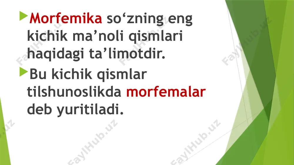 alishi uchun ham, shakl yasalishi uchun ham asos hisoblanadi. u so‘zning semantik yadrosini tashkil etadi. asosning qo‘shimchaga nisbatan yetakchi ekani faqat semantik jihatdandir. chunki u so‘zning tarkibiy elementi til birligi bo‘lgan so‘zlar singari hali ma’lum grammatik qoida va qonunlar ta’sirida bo‘lmaydi. shuning uchun ham asos grammatik qiymatga ega bo‘lgan birlik deb emas, balki leksik qiymatga ega bo‘lgan eng kichik butunlik deb baholanadi. so‘zni asos va qo‘shimchaga ajratishning ikki sharti bor: 1. asos deb ajratiladigan qism bugungi tilda mustaqil ma’no ifodalashi, boshqa qo‘shimchalar qabul qila olishi shart. 2. qo‘shimcha deb ajratiladigan qism esa boshqa asosga ham qo‘shila olishi shartdir. masalan yig‘-im, ter-im, yig‘-ma, bos-ma, bos-iq, to‘s-iq, o‘r-im, bos-im kabi. so‘z va asos so‘z o‘z tovush qobig‘iga ega bo‘lgan, narsa-hodisalar, jarayonlar, shaxslar, belgi va miqdorlarni, xususiyatlarni, harakat va holatni, aloqa va munosabatlarni nomlash uchun xizmat qiladigan, mustaqil lug‘aviy ma’noga ega bo‘lgan, shuningdek, turli xil grammatik ma’no va vazifalarda qo‘llanadigan til birligidir. asos …