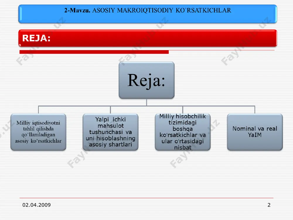 yaimni xarajatlar usulida aniqlash № yaimni tovar va xizmatlar sotib olishga mo‘ljallangan barcha xarajatlar shartli belgilar 1 uy xo‘jaliklarining iste’mol xarajatlari c 2 yalpi investitsiyalar i 3 davlat xarajatlari g 4 sof eksport xn jami: yaim = c+i+g+xn y yaimni daromadlar ( taqsimot) usulida aniqlash yaim = tn + w+r тn w р ishlab chiqarishga va importga sof bilvosita soliqlar (qo‘shilgan qiymat solig‘i, aktsizlar, bojxona bojlari, mulk solig‘i, yer solig‘i va subsidiyalar hajmlari o‘rtasidagi farq). yollanma ishchilarning soliq to‘laguncha hisoblangan ish haqlari plyus ish beruvchilar tomonidan ish haqi fondiga nisbatan hisoblanib to‘lanadigan ijtimoiy sug‘urta ajratmalari. korporatsiyalarning yalpi foydasi + nokorporativ korxonalarning aralash daromadi + asosiy kapital ise'moli ( amortizatsiya). 16 дан * слайд sim md shd id asosiy makroiqtisodiy ko‘rsatkichlarni hisoblashda bog‘liqlik sim = yaim – amortizatsiya md = sim – biznesga egri soliqlar shd = md – korporatsiyalarning foydasi - ijtimoiy sug‘urta to‘lovlari + dividendlar + ijtimoiy transfertlar id …