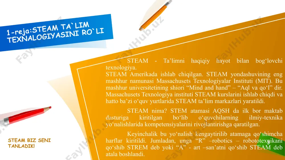 ki professional rahbarlik. - bolalarni hayotning texnologik yangiliklariga tayyorlash. - stem, asosiy ta'lim dasturining (bep) majburiy qismiga qo'shimcha sifatida. 11 "matematik rivojlanish" o'quv moduli ta'lim maqsadlari: geometrik shakllar va qattiq jismlar bilan tanishtirish. fazoviy va vaqtinchalik orientatsiya. - raqamlarni raqamlarning belgilari (belgilari) sifatida o'zlashtirish. - miqdor haqida tasavvurlarni shakllantirish va miqdoriy munosabatlarni rivojlantirish. - hisoblash va hisoblash faoliyatini o'zlashtirish. "tajriba" o'quv moduli ta'lim maqsadlari: - eksperimental faoliyatda atrofimizdagi dunyo haqidagi tasavvurlarni shakllantirish. - vizual va hissiy idrok etish jarayonida barcha tirik mavjudotlarning birligini anglash. "lego qurilishi" o'quv moduli ta'lim maqsadlari: - amaliy va aqliy tajriba o'tkazish qobiliyati; - umumlashtirish, sabab-oqibat munosabatlarini o'rnatish; - nutqni rejalashtirish va o'z faoliyati jarayoni va natijalarini og'zaki sharhlash; ob'ektlarni guruhlash qobiliyati; hayotning turli sohalarida ogohlikni namoyon etish qobiliyati; ona tilini ravon bilish (lug'at, nutqning grammatik tuzilishi, fonetik tizim, semantik tuzilish haqidagi elementar g'oyalar), yangi tasvirlarni yaratish, fantaziya qilish, analogiya va sintezdan foydalanish qobiliyati. multfilmlar studiyasining …
