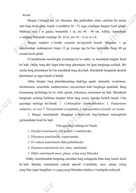 axtida (afrika cho’lida o’sadi) 100 yil hayot kechiradi. barg to’kilishi yoki xazonrezgilik me’yoriy biologik jarayon hisoblanadi. kuzga kelib o’simlikni suv va mineral moddalarni qabul qilishi qiyinlashib qoladi natijada organik moddalarni sintezi sekinlashadi. kuzda barglar dastlab sargayib keyin qizara boshlaydi. bu xlorofill pigmentlarining hayotchanligini susayishi asosida amalga oshadi. to’kilgan barglar tuproqda mineral moddalar sostavini oshishiga, ildizni sovuq urishidan saqlashga, urug’larni himoya qilishga xizmat qiladi. 5. bargning shakl o’zgarishi—metamarfozi. evolyutsiya jaryonida ko’pchilik yuksak o’simliklar vegetativ organlarida bo’lgani singari barg ham o’z tashqi ko’rinishini o’zgartirib boshqa fiziologik funksiyani bajaradgan bo’lgan. barg metomorfoziga tikanaklar, muylovlar, zapal oziq modda to’plovchi barglar, tangacha barglar va xashoratxur o’simlik barglari misol bo’ladi.ko’pchilik xashoratxur o’simliklarda barg bandi barg plastinkasi vazifasini bajaradi. bunga fillodiya deyiladi. kaktus, astragal, qush-kunmas o’simliklarida barg plastinkasi tikanaklarga aylanadi. mosh, no’xot, kovok, yovvoyi no’xot o’simliklarida barg plastinkasi o’ziga xos mo’ylovlar hosil qiladi. oq akatsiyada kovil, qarag’ayda yon barglar tikanlar hosil qiladi. xashoratxur o’simliklarda bezli to’qimalar bo’lib, …