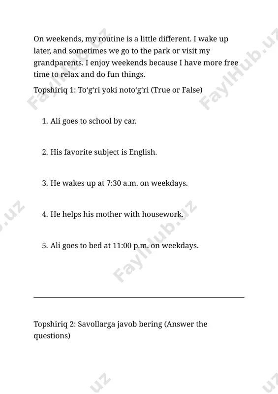 years old. 2. he lives near the writer’s house. 3. he is good at math. 4. they play football, computer games, or watch movies. 5. because he is polite and hardworking. reading 3 my family read the text carefully and answer the questions i live with my family in a small house. there are five people in my family: my father, my mother, my brother, my sister, and me. my father’s name is karim. he is a doctor. he works at a hospital. my mother’s name is laylo. she is a teacher. she teaches at a school near our house. my brother’s name is jamshid. he is 15 years old and studies in grade 9. my sister’s name is nargiza. she is only 6 years old. she goes to kindergarten. i am 12 years old and i study in grade 6. in the evenings, we all eat dinner together. after …