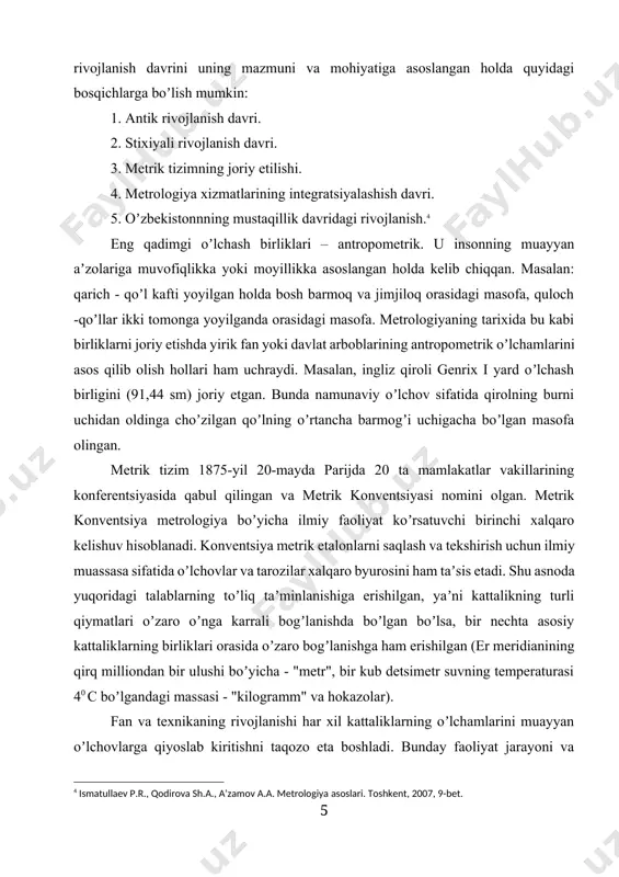 siy kattaliklarning birliklari orasida oʼzaro bogʼlanishga ham erishilgan (er meridianining qirq milliondan bir ulushi boʼyicha - "metr", bir kub detsimetr suvning temperaturasi 40 c boʼlgandagi massasi - "kilogramm" va hokazolar). fan va texnikaning rivojlanishi har xil kattaliklarning oʼlchamlarini muayyan oʼlchovlarga qiyoslab kiritishni taqozo eta boshladi. bunday faoliyat jarayoni va rivojlanishi davomida oʼlchashlar haqidagi fan, yaʼni metrologiya yuzaga keldi. rossiyada oʼlchovlarni metrik tizimi 1899 yil 4 iyun kuni qonun bilan ixtiyoriy tartibda qoʼllanishga, majburiy tartibda esa rossiya snk 1918-yil 14-sentabrda chop etilgan dekretiga muvofiq qoʼllanishga qabul qilingan. oʼrta osiyoda oʼlchovlarning metrik tizimi 1923 yil 18-aprel turkiston respublikasi snk qarori boʼyicha “oʼlchovlar va tarozilar toʼgʼrisida nizom” tasdiqlangan va ichki savdoni yoʼlga qoʼyish boʼyicha qoʼmita huzurida oʼlchovlar va tarozilarning turkiston byurosi tuzilgandan soʼng boshlangan.[footnoteref:5] [5: ismatullaev p.r., qodirova sh.а., аʼzamov а.а. metrologiya asoslari. toshkent, 2007, 14-bet.] jahon tillaridan biri bo‘lmish ingliz tilida numerativ so‘zlarning o‘rganilishini tahlil etdik. ingliz tilida numerativ so‘zlar sifat so‘z …