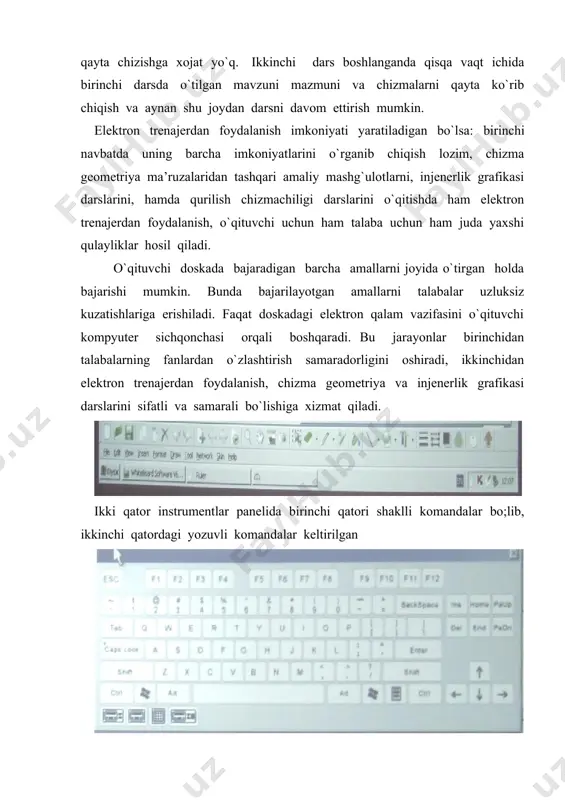 iy format undan oldingi formatning uzun tomonini teng ikkiga bo’lishdan kelib chiqadi. jadvaldagi a harfidan keyingi raqam asos qilib olingan formatni necha marta bo’linganini bildiradi.asosiy formatlardan foydalanish noqulay bo’lganida qo’shimcha formatlardan ham foydalaniladi. qo’shimcha formatlar, formatlarning qisqa tomonlarini karrali ko’paytirish bilan hosil qilinadi. chizma formatlariga chap tomondan 20 mm va qolgan tomonlardan 5 mm dan qoldirib hoshiya chiziladi.formatning pastki o’ng qismiga asosiy yozuv uchun 185x55mm o’lchamda ramka chiziladi. grafik ishlar bajariladigan asosiy formatlarni va ularning o’lchamlarini quyidagicha keltiramiz: a3x5 420x1486 a3x6 420x1783 a4 210x297 a4x3 297x630 a4x4 297x841 a4x5 297x1051 a4x6 297x1261 injenerlik grafikasi masshtablari о’z.dav.st. 2.302-97 detalning chizmasini uning xaqiqiy o’lchamidan kattalashtirib yoki kichiklashtirib chizish mumkin. masshtab deb, chizmadagi kesma uzunligi qiymatining uning xaqiqiy uzunligi qiymati nisbatiga aytiladi. о’z.dav.st. 2.302-97 ga muvofiq detal buyum yoki inshoat qismlarini chizma qog’oziga tushirish uchun ularni bir necha martta kichiklashtirib chiziladi. aksincha kichikroq detallarni tuzulishlarini yoki qirqimlarini o’rganish uchun chizmada bir necha martta …
