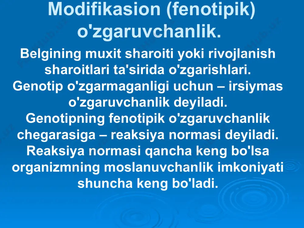 yasi hosil bo'lishi. genlar tuzilishi o'zgarmaydi. mexanizmlari ko'p hujayralilarda (jinsiy ko'payuvchilarda) mikroorganizmlarda (jinssiz ko'payuvchilarda) ko'p hujayralilarda (jinsiy ko'payuvchilarda) 1.meyozda xromosomalar mustaqil taqsimlanishi natijasida 2.otalanishda ota va ona xromosomalari tasodifiy to'plami xosil bo'lishi natijasida 3.krossingoverda genlar rekombinasiyalanishi natijasida mikroorganizmlarda (jinssiz ko'payuvchilarda) transformasiya transduksiya hujayraga yot irsiy modda kirib, uning irsiyatini o'zgartirishi (griffit-1928 everi-1944 ) virus yordamida irsiy axborotni bir hujayradan ikkinchisiga ko'chirish mutatsiya tiplari irsiy axborotni qaysi darajada o’zgartirishiga qarab genom хromosoma gen genom mutatsiyalari (xromosoma gaploid to’plam- genom) genom soni o’zgarishi ayrim xromosomalar soni o'zgarishi (aneuploidiya yoki geteroploidiya) gaploid n poliploidiya 3n, 4n, 5n, … ayrim xromosomalar soni o'zgarishi (aneuploidiya yoki geteroploidiya) аutosoma geteresoma trisomiya(polisomiya) 47,хх+21 47,ху+21 47,хх+15 47,ху+15 47,хх+18 47,ху+18 моnosomiya 45,хх-21 45,ху-21 тrisomiya (polisomiya) 47,ххх 47,хху 47,хуу моnosomiya 45, х0 мutatsiyalar ahamiyati evolyusiyaning asosiy materiali mutasiyalarning adaptiv axamiyati vaqt davomida o'zgarib turishi mumkin irsiy o'zgaruvchanlik rezervi gen mutasiyalari reparasiyalanishi replikatsiyagacha replikatsiyadan keyin replikatsiya vaqtida gen mutasiyalari kelib chiqish …