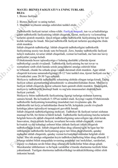 biznes faoliyati va uning turlari — DOCX