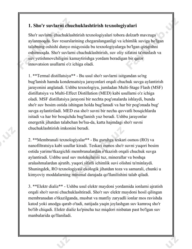 a'sirlarini hisobga olgan holda yanada qo'llash va optimallashtirish ishlarini davom ettirish zarur bo'lib qolmoqda. 2. o'zbekistonning suv resurslari: muammo va imkoniyatlar o‘zbekistonning suv resurslari, ularga bog‘liq muammolar va imkoniyatlar haqidagi ma’lumotlar kishini chuqur o‘ylantiradi. o‘zbekiston markaziy osiyodagi suv resurslariga eng kam ega bo‘lgan davlatlardan biri hisoblanadi. bu esa davlat uchun turli muammolarni keltirib chiqaradi va shu bilan birga ayrim imkoniyatlarni ham tug‘diradi. o‘zbekistonning yillik o‘rtacha suv resurslari hajmi taxminan 50,0 kub kilometrdir. shu suv resurslarining katta qismi amudaryo va sirdaryo daryolaridan olinadi. amudaryo o‘zbekistonga yiliga taxminan 22 kub kilometr suv beradi, sirdaryo esa taxminan 16 kub kilometrni tashkil etadi. o‘zbekistonga o‘z hududidan chiqadigan yirik daryolar yo‘q va mavjud resurslar asosan yuqoridan keluvchi suvlar hisoblanadi. suv resurslarining muhim qismi qishloq xo‘jaligida foydalaniladi. bugungi kunda o‘zbekistonda umumiy suv iste’molining deyarli 90%ni qishloq xo‘jaligi tashkil etadi. ayniqsa, paxta va bug‘doy kabi suv talab qiluvchi ekinlar katta miqdorda yetishtiriladi. bu esa suv tanqisligini yanada …