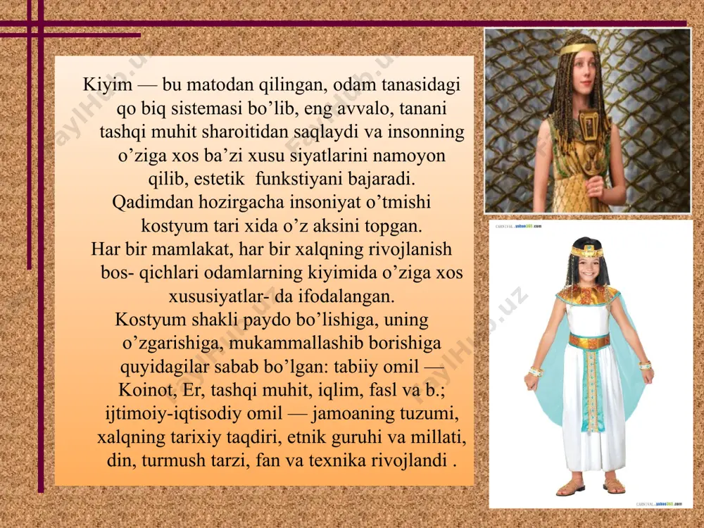 tarbiyaviy: talabalarga bilim malaka ko’nikmalar berish va estetik tarbiya berish. rivojlantiruvchi: talabalarni fanga bo’lgan qiziqishlarini rivojlantirish va mustaqil bilimlarini shakllantirish . mashg’ulotni o’tkazish texnologiya modeli vaqti 80 minut talabalar soni 24ta o’quv mashg’uloti turi amaliy mashg’ulot amaliy mashg’ulotning rejasi 1.misr kiyinishi madaniyati bilan tanishtirish 2.kostyum tarixi. 3.misr kiyimlarining bir biri bilan ajralishi. o’quv maqsadlari: ta’limiy: talabalarga qadimiy misr madaniyati tarixi haqida nazariy bilimlarni berish . tarbiyaviy: talabalarga bilim malaka ko’nikmalar berish va estetik tarbiya berish. rivojlantiruvchi: talabalarni fanga bo’lgan qiziqishlarini rivojlantirish va mustaqil bilimlarni shakllantirish. pedagogik vazifalar: -talabalarga misr madaniyati bilan tanishtirish; -talabalarga har bir darsga faol qatnashish haqida ma’lumotlarni yetkazish; -talabalarga misr madaniyati bo’yicha nazariy bilimlar berish; -talabalarda aqliy imkoniyatlarini shakllantirishga yordam berish; -amaliy mashg’ulot o’tkazish orqali talabalarga ko’rgazmali taassurot uyg’otish; -talabalarni tarqatma materiallar bilan tanishtirish o’quv faoliyati natijalari: -talabalar qadimiy misr kastumlari haqida tushuntira oladilar; - talabalar har bir darsga faol qatnashish haqida ko’nikma hosil qildilar; -talabalar qadimiy …