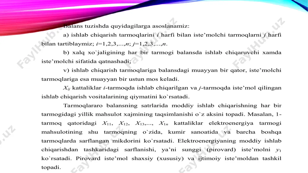a o‘rnatish imkonini byeradi. iqtisodiyot balansini ishlab shiqishning ilmiy asosi takror ishlab shiqish (iqtisodiy o‘sish) nazariyasi hisoblanadi. iqtisodiyot balansini takomillashtirish – iqtisodiy rivojlanishning sur’at va mutanosibligini asoslashning samarali instrumyenti bo‘la olishidadir foydalanilgan adabiyotlar ro‘yxati barcha reja va dasturlarimiz vatanimiz taraqqiyotini yuksaltirish, xalqimiz farovonligini oshirishga xizmat qiladi prezident islom karimovning 2010-yilda mamlakatimizni ijtimoiy-iqtisodiy rivojlantirish yakunlari va 2011-yilga mo‘ljallangan eng muhim ustuvor yo‘nalishlarga bag‘ishlangan o‘zbekiston respublikasi vazirlar mahkamasining majlisidagi ma’ruzasi / xalq so‘zi 22.01.2011 asosiy vazifamiz – vatanimiz taraqqiyoti va xalqimiz farovonligi yanada yuksaltirishdir. i.a. karimov. – toshkyent: “o‘zbyekiston”, 2010. – 34-50 b. i.a. karimov jahon moliyaviy-iqtisodiy inqirozi, o‘zbyekiston sharoitida uni bartaraf etishning yo‘llari va choralari. -t.: o‘zbyekiston, 2009.-56 b. o‘zbyekiston ryespublikasi pryezidyenti i.a. karimovning “mamlakatimizni modyernizatsiya qilish va kuchli fuqarolik jamiyati barpo etish – ustuvor maqsadimizdir” hamda “asosiy vazifamiz – vatanimiz taraqqiyoti va xalqimiz farovonligini yanada yuksaltirishdir” nomli ma’ruzalarini o‘rganish bo‘yicha o‘quvuslubiy majmua. – toshkyent: iqtisodiyot.-2010.– 63-85 b. kudina m.v. osnovы …