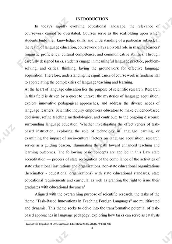 l advancements. central to the exploration of "task-based innovations in teaching foreign languages" is the theory of course paper. this theory provides the conceptual framework within which the theme's tasks are situated, offering a lens through which to analyze and interpret the complexities of task-based language teaching. drawing upon theoretical perspectives from linguistics, psychology, education, and other relevant disciplines, the theory of course paper elucidates key concepts, constructs, and principles that underpin task-based pedagogy. from long's interaction hypothesis to skehan's limited attentional capacity model, the theory of course paper synthesizes a wealth of scholarly insights, providing a cohesive framework for understanding the cognitive, affective, and social dimensions of language learning through tasks. the decision of the president of the republic of uzbekistan "on provision of information and communication technologies and personal education with highly qualified personnel of uzbekistan, additional support for the development of information technologies, development of scientific technologies …