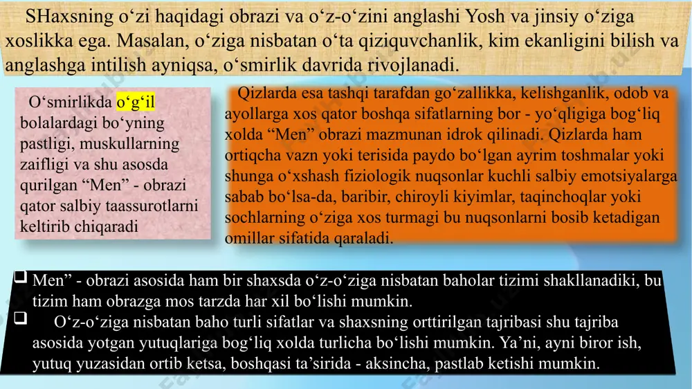 hisoblaydi. ba’zi eksperimental ma’lumotlarga asoslangan boshqa nuqtayi nazar ham mavjud. “men” konsepsiyasi salbiydir. o'z-o'zini anglash - insonning atrof-muhitga bo'lgan munosabati, uning "men" tushunchasi, o'ziga bo'lgan munosabati. psixologiyada o'z-o'zini anglash psixik hodisa, shaxsning o'zini faoliyat sub'ekti sifatida anglashi tushuniladi, buning natijasida shaxsning o'zi haqidagi tasavvurlari aqliy "obraz-men" ga shakllanadi. o'z-o'zini anglash insonga xos bo'lgan dastlabki berilgan narsa emas, balki rivojlanish mahsulidir. shu bilan birga, o'ziga xoslik ongining urug'i chaqaloqda allaqachon paydo bo'ladi, u tashqi ob'ektlardan kelib chiqadigan hissiyotlar va hissiyotlar o'rtasidagi farqni ajrata boshlaganida. o'z tanasi, "men" ongi - taxminan uch yoshdan boshlab, bola shaxsiy olmoshlarni to'g'ri ishlata boshlaganda. o'z aqliy fazilatlarini anglash va o'zini o'zi qadrlash eng yuqori qiymat o'smirlik va yoshlik davrida. o'z-o'zini anglash muammosi psixologiyadagi eng qiyin muammolardan biridir. ko'pchilik samarali usul uning tadqiqoti asosan ikkita asosiy omil ta'siri ostida shakllanadigan o'z-o'zini anglash genezisini o'rganishdir - o'z amaliy faoliyat bola va uning boshqa odamlar bilan munosabatlari. maktabgacha yoshda …