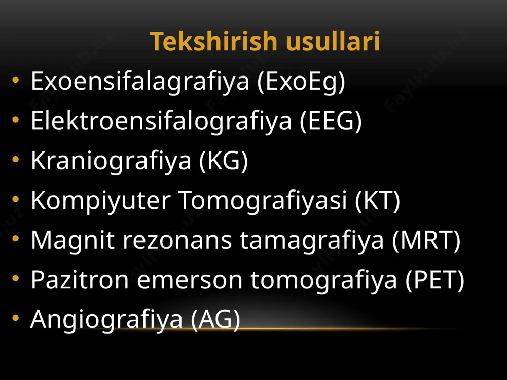 lanishi – leptomeningit va qattiq qobiqning yallig’lanishi – paximeningit farqlanadi. altsgeymer sindromi – demensiyaning ko’p uchraydigan. kasallikning boshlanish davrida qisqa xotiraning pasayishi kuzatiladi. kasallik rivojlana borishi bilan xotira,nutq va aqliy o’ylash butunlay yo’qoladi. organizm funksiyalarining buzilishi esa o’limga olib keladi. moyamoya kasalligi noyob, rivojlanib boruvchi surunkali boosh miya tomirlarining kasalligidir. bu kasallik uchun sekin – asta bosh miya ichki uyqu arteriyalari, bosh miyaning oldingi qismidagi va o’rta qimidagi arteriyalarning ular okklyuziyaga uchragunga qadar o’zgarib borishi xarakterlidir. bu kasallikning yana bir jihati bu – miya asosida kollateral tomirlarning paydo bo’lishi natijasida angiogramma qilinganda yengil tutun hosil bo’lganga o’xshab ko’rinishidir. image1.png image3.png image4.png image5.png image6.png image7.png image8.png image9.png image10.png image11.png image12.png image13.png image14.png image15.png image16.png image17.png image18.png image19.png image20.png
