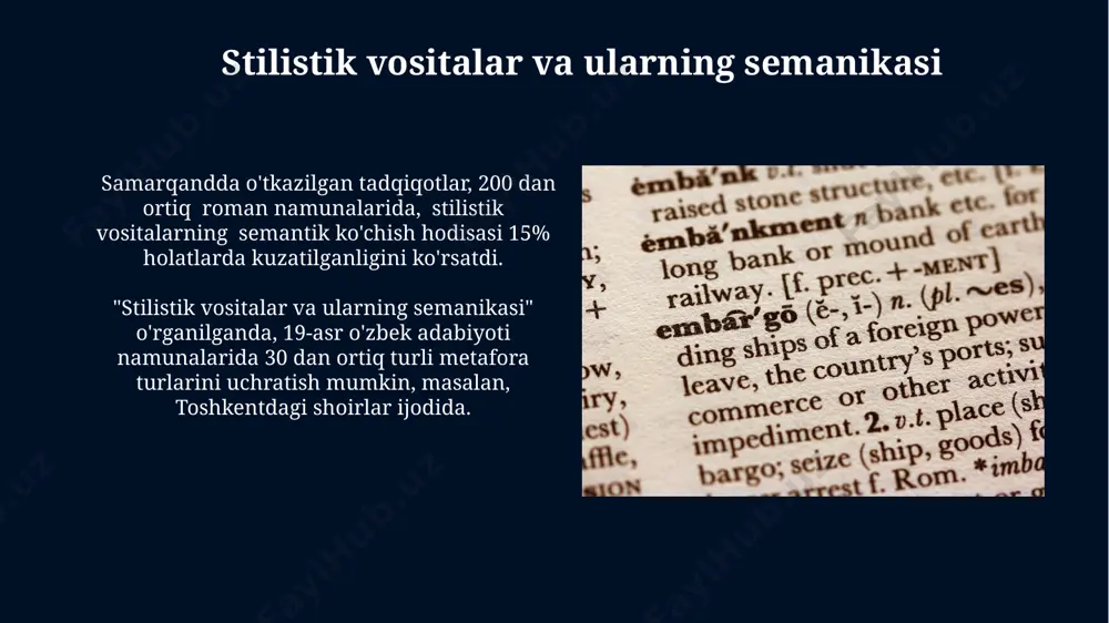 n tahlilida muhim ahamiyat kasb etdi. asos lug'at va uning ahamiyati "asos lug'at"ning samarqand, buxoro va toshkent kabi shaharlardagi dialektal xususiyatlarini aks ettiruvchi 300 dan ortiq so'z va iboralarni o'z ichiga olishi, tilning boyligi va xilma-xilligini ko'rsatadi. "asos lug'at"dagi so'zlarning fonetik, morfologik va semantik xususiyatlarining batafsil tahlili, 20-asr oxiri va 21-asr boshlariga oid o'zbek tili lug'atshunosligiga qo'shgan ulkan hissasini aks ettiradi. metafora va metonimiya shekspir asarlarida, taxminan 1590-yillarga oid 7 ta pyesada, metafora va metonimiya 1000 dan ortiq misollarda uchraydi, bu ularning adabiy tilning muhim vositalari ekanligini ko'rsatadi. metonimiya, masalan, "qozog'istonning bug'doy hosilini eksport qilish" iborasida "qozog'iston" so'zi bug'doy yetishtiruvchi hududni anglatadi, bu 1-darajali metonimiya hisoblanadi. lug'aviy-semantik xususiyatlarning ta'rifi lug'aviy-semantik tahlil natijalari adabiy matnning 3ta asosiy mavzusi va 8ta asosiy g'oyasini aniqlash, ularning ma'noviy yukini va 1000 dan ortiq so'zlar orasidagi munosabatlarni tushunish imkonini beradi. adabiy matnning lug'aviy-semantik tahlili 5ta asosiy qismdan iborat bo'lib, unda 15-20 ga yaqin leksik birliklarning …