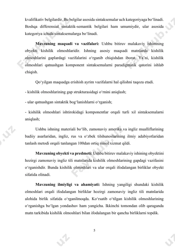 olmoshlarining gapdagi vazifasini о‘rganishdir. bunda kishilik olmoshlari va ular orqali ifodalangan birliklar obyekt sifatida olinadi. mavzuning ilmiyligi va ahamiyati: ishning yangiligi shundaki kishilik olmoshlari orqali ifodalangan birliklar hozirgi zamonaviy ingliz tili matnlarida alohida birlik sifatida о‘rganilmoqda. kо‘rsatib о‘tilgan kishilik olmoshlarining о‘rganishga bо‘lgan yondashuv ham yangicha. ikkinchi tomondan olib qaraganda matn tarkibida kishilik olmoshlari bilan ifodalangan bir qancha birliklarni topdik. shuni ham ta’kidlash lozimki, olmoshlar alohida sо‘z turkumi ekanligi ushbu ishda о‘z isbotini topdi. ushbu ishda kishilik olmoshlarini matn tarkibidagi tahlilida ingliz tilidagi misollardan keng foydalanildi. tadqiqotning metodologik asosi xorijiy mashhur tilshunoslar l.s.barxudarov., v.v.vinogradov., i.r.galperin., a.m.muxin va boshqa olimlarning asarlari lingvistik metodologik asos sifatida foydalaniladi. tadqiqot metodlari sifatida transformatsion, qiyosiy, distributiv, ma’noni qismlarga bо‘lish (komponent tahlil), bevosita tahlil qiluvchilarga ajratish, statistik va tajriba metodlaridan foydalanildi. mavzuning tuzilishi: malakaviy bitiruv ishi sо‘z boshi, kirish, ikki bob va xulosadan iborat. ishning oxirida kishilik olmoshlari bilan ifodalangan sintaksemalarning paradigmatik qatori ularning miqdoriy tasnifi, shartli …