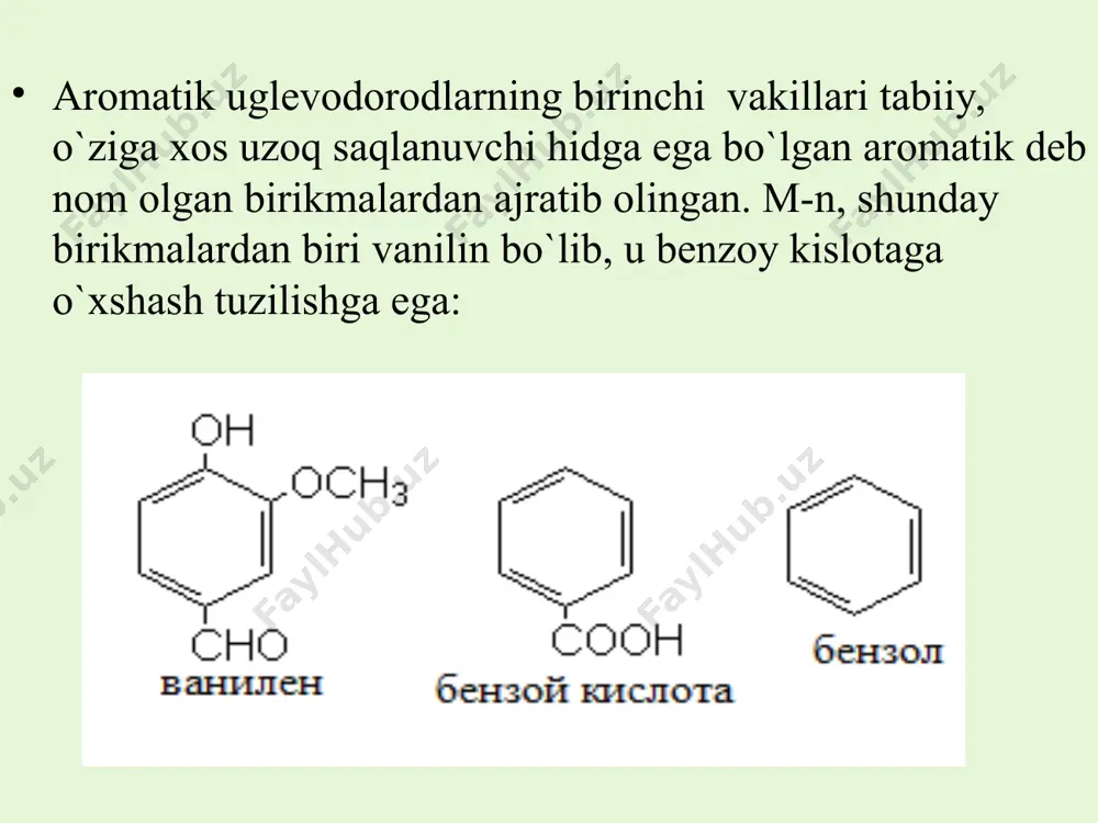 rada katalitik degidosiklizatsiya qilish (kazanskiy, plate) laboratoriyada va sanoatda alkilbenzollar fridel-krafts usulida yoki boshqa aromatik birikmani galogenalkillar ta’sirida alkillab olish. benzol atsetilenning faollantirilgan ko’mir ko’mir ishtirokida trimerlanishidan (zelenskiy, kazanskiy) va benzoy kislota tuzlarini ishqor bilan suyuqlantirish orqali ham olinadi.. aromatik ketonlarni qaytarib (klemmensen va kijner-volf reaksiyalari), shuningdek, aromatik va alifatik galogenli hosilalaridan vyurs-fittig reaksiyasi yordamida benzol gomologlarini olish mumkin. benzolga xos reaksiyalar nitrolash nitrolash sulfolash sulfolash bromlash * aromatik xalqani alkillash reaksiyalari fridel-krafts usuli, atsillash mexanizmi birikish reaksiyalari aromatik uglevodorodlar katalizator yoki yuqori xarorat ishtirokida vodorodni biriktirib olib siklogeksan xosil qiladi. quyosh nuri yoki ultrabinafsha nur ta’sirida benzol xlor va bromni biriktirib olib, geksagalogenidni hosil qiladi. oksidlanish reaksiyalari benzol oksidlovchilar va suyultirilgan kislotalarga chidamli, ya`ni benzol parafin uglevodorodlariga nisbatan ancha qiyin oksidlanadi. kuchli oksidlovchilar ta`sirida benzol gamologlari halqasi o`zgarmaydi, faqatgina yon zanjirlar, ya`ni alkil guruxlar oksidlanadi. bunda faqat benzol kislota xosil bo`ladi: havo kislorodi (v2o5, 400°c) ta’sirida benzolning oksidlanishidan malein …