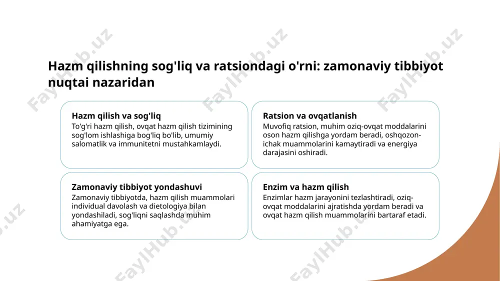 hun muhim rol o‘ynaydi. iqlim va geografik sharoitlar oziq-ovqat turlariga va ularning hazm qilishdagi qiyinchiliklariga ta'sir qiladi. bu omillar mahalliy ovqatlanish odatlarini shakllantiradi. xulosa 1 hazm qilish bosqichlari va ularning ahamiyati - hazm qilish bosqichlari organizm uchun muhim bo‘lib, oziq-ovqatning og‘izdan boshlanib, so‘rilishi va energiya ishlab chiqarilishiga ta’sir qiladi. 2 enzimlar va hazm qilishdagi muhim roli - enzimlar hazm jarayonida oziq-ovqat molekullarini kichik va singdiriladigan shaklga ajratadi, sog‘lom hayot uchun muhim va to‘liq singishni ta’minlaydi. 3 sog‘lom ovqatlanish va odatlarning ta’siri - to‘g‘ri ratsion va an’analarga asoslangan ovqatlanish hazm qilishni yaxshilaydi, sog‘liqni mustahkamlaydi va hayot sifatini oshirishga yordam beradi. foydalanilgan adabiyotlar 1. o'zbekiston respublikasi sog'liqni saqlash vazirligi. oziq-ovqat hazm qilish va sog'liq. toshkent: o'zbekiston matbuot nashriyoti, 2019. 2. ismoilov, d. hazm qilish jarayonining biologik asoslari. tibbiyot va biologiya jurnali, 2020. 3. rahimov, a. o'zbekistonda ovqat odatlari va hazm qilish tizimi. o'zbekiston oziq-ovqat ilmlari, 2018. 4. tashkent medical academy. hazm qilish …