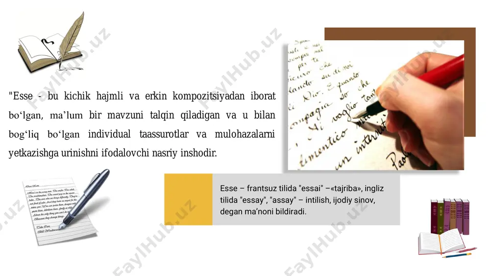 bligi yoritilgandan keyin tezis qo‘yiladi. tezisdan keyin asosiy qismga bog‘lovchi gap yoziladi. agar tezis aniq va yaqqol berilsa, gap yozilmasligi ham mumkin. tezis qo‘yish essening eng muhim shartlaridan biridir. tezis – essening kaliti. kaliti topilmasa, essening asosiy maqsadiga yetish qiyin. tezis – muallifning shaxsiy nuqtayi nazarini bildirib, u asosiy qismda isbotlanadigan fikrni yo‘naltiruvchi g‘oya hisoblanadi. tezis essening kirish qismida yoziladi. 2.asosiy qism • asosiy bo‘lim – mavzuning nazariy asosi va savolning mazmunini bayon etuvchi bo‘lim. bunda mavzuga mos barcha bilimlar, asosiy fikr va muammoga bog‘liq dalil va vajlar jamlangan bo‘lib, unda dalillar, xabarlar, turli statistik ma’lumotlardan foydalanib, mavzu yoritiladi, ko‘tarilgan muammoning kelib chiqish sabablari oydinlashtiriladi. a • bu jarayon birmuncha murakkabroq kechadi. shu sababli, asosiy bo‘limni bir necha kichik qismlarga bo‘lish mumkin. har bir qismni dalillar asosida yoritish asosiy savolga javob topishga ko‘maklashadi. o‘quvchining keltirilgan fakt va dalillarni taqqoslab, o‘z qarashlarini tahlil orqali ko‘rsatib borishi asosiy bo‘limning to‘liq yoritilishiga imkon …