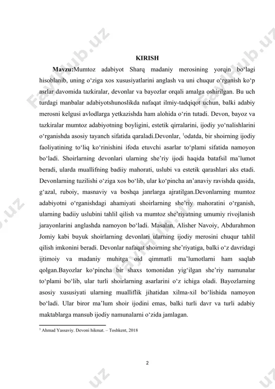 n jomiy kabi buyuk shoirlarning devonlari ularning ijodiy merosini chuqur tahlil qilish imkonini beradi. devonlar nafaqat shoirning she’riyatiga, balki o‘z davridagi ijtimoiy va madaniy muhitga oid qimmatli ma’lumotlarni ham saqlab qolgan.bayozlar ko‘pincha bir shaxs tomonidan yig‘ilgan she’riy namunalar to‘plami bo‘lib, ular turli shoirlarning asarlarini o‘z ichiga oladi. bayozlarning asosiy xususiyati ularning mualliflik jihatidan xilma-xil bo‘lishida namoyon bo‘ladi. ular biror ma’lum shoir ijodini emas, balki turli davr va turli adabiy maktablarga mansub ijodiy namunalarni o‘zida jamlagan. bayozlar mumtoz adabiyotning madaniy va estetik boyligini ko‘rsatib beruvchi manbalar sifatida muhimdir. ular orqali bir davrning adabiy qarashlari, badiiy didi va ijodiy muhitini o‘rganish mumkin. bundan tashqari, bayozlar muayyan shoirlarning bizgacha yetib kelmagan devonlaridan namunalar saqlanib qolgan bo‘lishi mumkinligi bilan alohida ahamiyatga ega. shu jihatdan, bayozlar nafaqat mumtoz adabiyotga oid umumiy tasavvurlarni kengaytiradi, balki yo‘qolib ketgan asarlarni qisman tiklash imkonini ham beradi.tazkiralar sharq adabiyotida adabiy shaxslar va ularning ijodiy faoliyati haqida ma’lumot beruvchi biografik va …