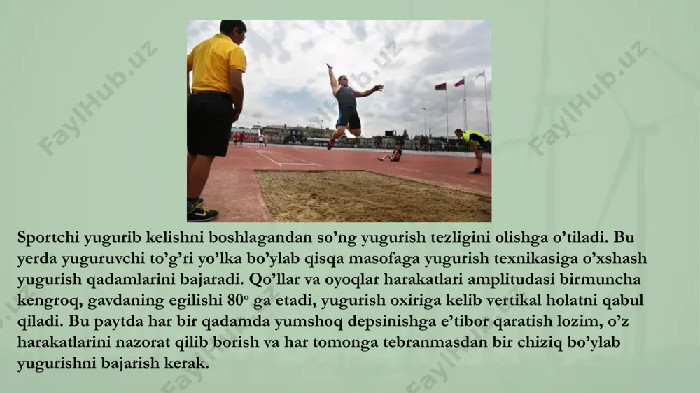 da erkin harakatlar bilan qarama-qarshi harakatlanishlari depsinish tugagandan keyin gavdaning vertikal o’q atrofida aylanma harakatlarini qoplaydi. keyin tanlangan sakrash usuliga mos bo’lgan harakatlar bajariladi. e’tiboringiz uchun rahmat! image1.jpeg image8.jpeg image9.jpeg image10.jpeg image11.jpeg image12.jpeg image13.jpeg image14.jpeg image15.jpeg image16.jpeg