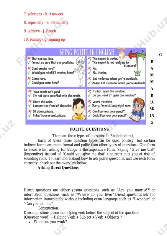 s on slent? 8.would you mind helping me with my homework? task 5. match each polite request to a suitable response. 1. could you tell me when the train leaves? - c. sure, it leaves at 9:00 a.m. 2. would you mind closing the door? - d. i’d prefer not to, i’m hot. 3. could you bring me a coffee? - a. of course, do you take sugar? 4. would you mind helping me with my bags? - b. no problem, let me help you. https://www.thoughtco.com/asking-for-information-in-english-1212031 5. could you do me a favor? - f. yes, what do you need? 6. would you mind speaking slowly? - e. of course, i’ll slow down. ii. videoconference picture 2.1 2.1.read and translate the given text orally: a new study from stanford university has investigated the effects on our health of extended spells of video-conferencing. researcher and communications expert jeremy bailenson dubbed the …