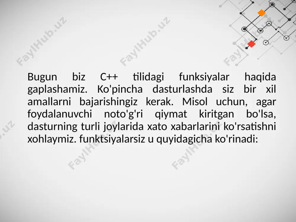 ati deb ataladi. funktsiyaga dastur kodidan murojat qilish funksiyani chaqirish deyiladi. funktsiyaga murojat qlishdan oldin, oldin funktsiyani e'lon qilish kerak. funktsiya tavsifi sarlavha va funktsiya tanasidan iborat: funktsiya_nomi (parametrlar) { funktsiya_tanasi } funktsiya sarlavhasi quyidagilarni o'z ichiga oladi: funksiya tomonidan qaytarilgan qiymat turi turli xil bo'lishi mumkin. agar funktsiya qiymat qaytarmasa, void turini ko'rsating; funktsiya_nomi nima qoyilsa, dasturning asosiy kodida shu chaqirilsihi kerak; o'zgaruvchilar_ro'yxati - bir-biridan vergul bilan ajratilgan funksiyaga uzatiladigan argumentlar ro'yxati; ro'yxatdagi har bir o'zgaruvchi uchun turi va nomi ko'rsatilgan; funksiya tanasi figurali qavslar ichiga olingan deklaratsiyalar va operatorlar ketma-ketligidir. umuman olganda, c++ dasturining tuzilishi quyidagicha ko'rinishi mumkin: kompilyator direktivalari funk1(o'zgaruvchilar_ro'yxati) { funk_1_tanasi; } funk2(o'zgaruvchilar_ro'yxati) { funk_1_tanasi; } … int main (variable_list) { // funktsiya tanasi nom_1, name_2... funksiya chaqiruv operatorlarini o'z ichiga olishi mumkin. asosiy_funksiya_tanasi; } endi "yulduzcha" va "bo'shliq" belgilaridan qurilgan uchburchakni ko'rsatadigan dastur yozamiz. using namespace std; void fun() // funktsiya e’loni { //funksiyamizda bitta …