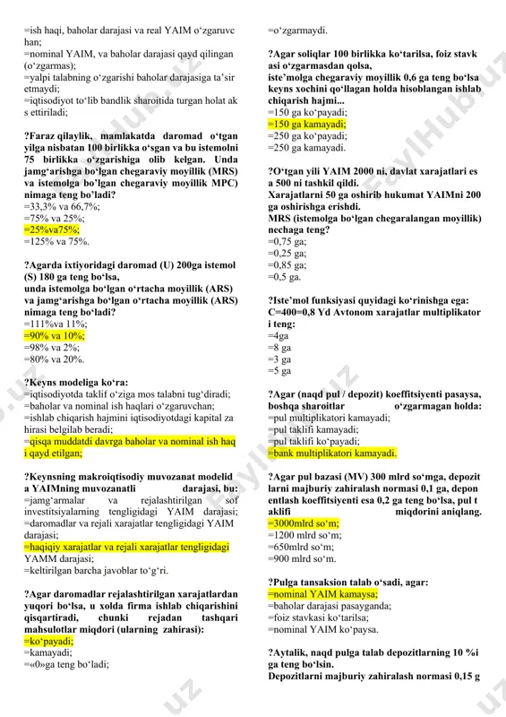ayishi klassik model bo‘yicha quyidagicha tushuntiriladi: =faqatad egri chizig‘i chapga siljiydi; =faqat ad egri chizig‘i o‘ngga siljiydi; =faqat potensial yaim darajasi pasayadi; =as egri chizig‘i o‘ngga siljiydi.. ?baholar darajasi o‘zgarmagan holda yaimning pasayishi klassik model bo’yicha quyidagicha tushuntiriladi: =potensial yaim o‘zgarmagani holda yalpi talab o‘sadi; =bir vaqtning o‘zida yalpi talab va potensial yaim kamayadi; =yalpi talab o‘zgarmagani holda potensial yaim o‘sadi; =potensial yaim pasaygani holda yalpi talab o‘sadi. ?ad egri chizig‘ining chap va o‘ng tomonga siljishi baholar darajasiga ta’sir etmaydi, agar: =bu siljish a s egri chizig‘ining gorizontal kesimida bulsa; =bu siljish as egri chizig‘ining vertikal kesimida bo‘lsa; =bu siljish as egri chizig‘ining oraliq kesimida bo‘lsa; =iqtisodiyot to‘liq bandlik sharoitida bo‘lsa. ?agar baho darajasi oshsa, ishlab chiqarish pasayadi, bu holat ad –as modelida izohlanadi: =ad egri chizig‘ining o‘ngga siljigani bilan; =ad egri chizig‘ining chapga siljigani bilan; =as egri chizig‘ining chapga siljigani bilan; =as egri chizig‘ining o‘ngga siljigani bilan; ?as egri …