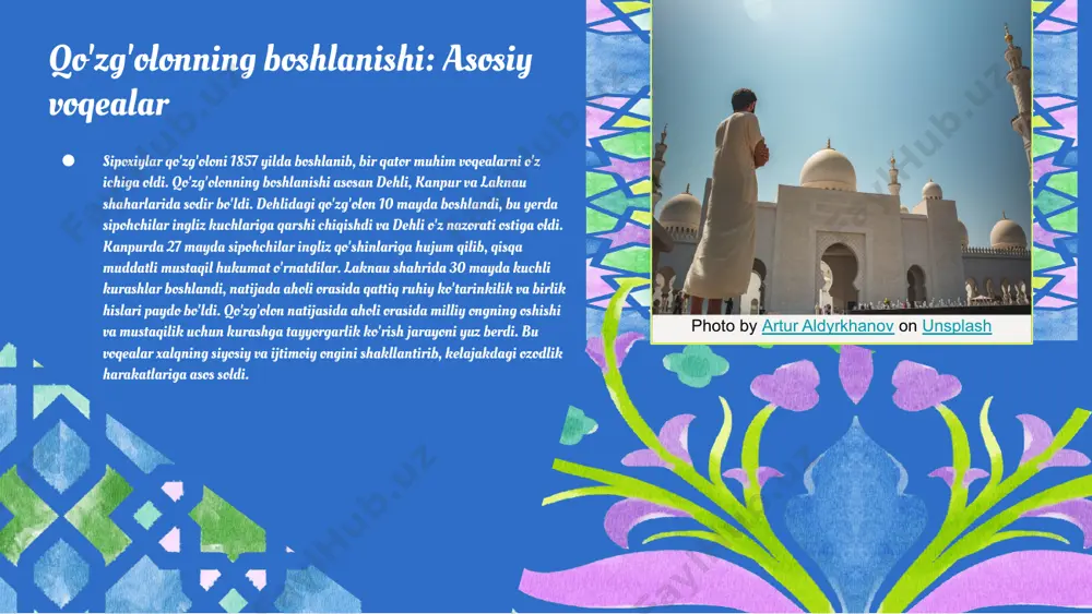 arshi kurash sifatida qabul qilingan. ijtimoiy sabablar: qashshoqlik va adolatsizlik, iqtisodiy sabablar: resurslarni mustamlakachilarga topshirish, siyosiy sabablar: britaniya hukumatining avtonomiya va o'z-o'zini boshqarish imkoniyatlarini cheklashi keltirilgan. photo by artur aldyrkhanov on unsplash asosiy voqealar va natijalar sipoxiylar qo'zg'oloni davomida bir qator muhim voqealar sodir bo'ldi. 1857-yil 10-mayda dehli shahrida boshlanib, qo'zg'olon butun hindistonga tarqaldi. britaniya imperiyasi qo'shinlari bilan mahalliy aholi o'rtasida ko'plab janglar bo'lib o'tdi. dehli jangida britaniya kuchlari va mahalliy qo'zg'olchilar o'rtasida qattiq to'qnashuvlar ro'y berdi, bu esa qo'zg'olonga kuchli ta'sir ko'rsatdi. natijada, sipoxiylar qo'zg'oloni britaniya imperiyasining hindistondagi hukmronligini kuchaytirdi, ammo mustaqillik harakatlariga yangi ruh bag'ishladi. 1858-yilda britaniya hukumatining hindistonni to'g'ridan-to'g'ri boshqarishi, kelajakdagi mustaqillik kurashlariga zamin yaratdi. ushbu voqealar, hindistonda milliy birlashuv va ozodlik fikrining shakllanishiga katta ta'sir ko'rsatdi. hindiston tarixidagi o'rni tarixiy kontekst sipoxiylar qo'zg'olomi hindiston tarixining muhim voqealaridan biri bo'lib, u ozodlik kurashini ifodalaydi. ijtimoiy ta'sirlar u ijtimoiy qatlamlar o'rtasidagi tafovutlarni ko'rsatdi va yangi g'oyalarni keltirib chiqardi. …