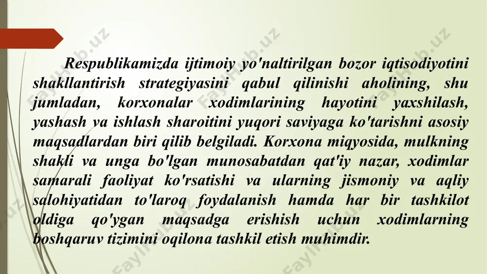 tish bo’yicha o'zaro bog'langan tashkiliy-iqtisodiy va ijtimoiy tadbirlar tizimi tushuniladi. bunday boshqaruv funksional va tashkiliy boshqaruvlarga bo'linadi. funksional boshqaruv deganda, bevosita kadrlar masalasini yechish bilan bog'liq masalalar, ya'ni kadrlarni tanlash, ishdan bo'shatish, malakasini oshirish, ish haqi va hokazolar tushuniladi. tashkiliy boshqaruv tushunchasi kadrlar ishi uchun bevosita javob beruvchi barcha shaxs va institutlar, ya'ni rahbarlar, kadrlar bo'limi, kasaba uyushmalar va boshqalarni o'z ichiga oladi. mehnat resurslarini taqsimlashga bog'liq ravishda inson resurslarining imkoniyatlari rivojlanish omillari sifatida katta yoki kichik bo'lishi mumkin. masalaga ana shu tarzda yondashish jamiyatning mehnat potentsialini, hududni, korxonalarni o'rganish va aniqlash imkonini beradi. mehnat potentsialini sifat o'lchovidagi mehnat resurslari sifatida ta'riflash mumkin. yuqorida aytilganlardan shu narsa aniqki, «mehnat potentsiali» tushunchasi mehnat resurslari va iqtisodiyotning o'zaro ta'sirini o'rganishga yordam beradigan alohida omildir. shartnoma — fuqarolik huquqida ikki yoki bir necha shaxsning fuqarolik huquq va burchlarini vujudga keltirish, burchlarini oʻzgartirish yoki bekor qilish haqidagi kelishuvi, bitimniig turi, sharhidan kelib chiquvchi fuqarolik …