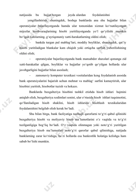 qa ko‘rsatkichlarga qarab bir qancha guruhlardan iborat bo‘ladi. bu guruhlarda ish yurituvchilarni mas’ul ijrochi deb ataladi. har bir mas’ul ijrochiga bir nechta mijozlar bo‘lib berilib, ular o‘z mijozlari bo‘lmish yuridik va jismoniy shaxslarning hisob-kitob, kassa, valuta va kredit va boshqa operatsiyalari bo‘yicha hisob ishlarini olib boradilar, ularga xizmat ko‘rsatadilar. bu guruhlar hisob guruhi deyiladi. bundan tashqari, hisob-operatsion bo‘limda banklararo hisob-kitoblar bo‘limi, davlat budjetini kassaviy ijrosi bo‘limi, bank ichki operatsiyalarini tashkil etish bo‘limi ham mavjud bo‘ladi. bu bo‘limlarda ishlovchi buxgalterlar soni ham mazkur bo‘limda bajariladigan operatsiyalar ko‘lami bilan belgilanadi. banklararo hisob-kitoblar bo‘limining vazifasi mas’ul ijrochilardan boshqa banklarga tegishli bo‘lib, o‘tkazilishi kerak bo‘lgan hujjatlarni qabul qilish, ularni banklar bo‘yicha saralash, hujjatlardagi yozuvlarning to‘g‘riligini filiallararo aylanmalar bo‘yicha nazorat qilish va boshqa bankka hujjatlarni elektron pochta orqali jo‘natishdan iborat. lekin hozirgi kunda deyarli barcha tijorat banklarida hisob-kitob hujjatlari mas’ul ijrochidan so‘ng bosh buxgalter tekshiruvidan o‘tkaziladi va elektron axborot bankining hisoblash markaziga uzatiladi. bu yerda …