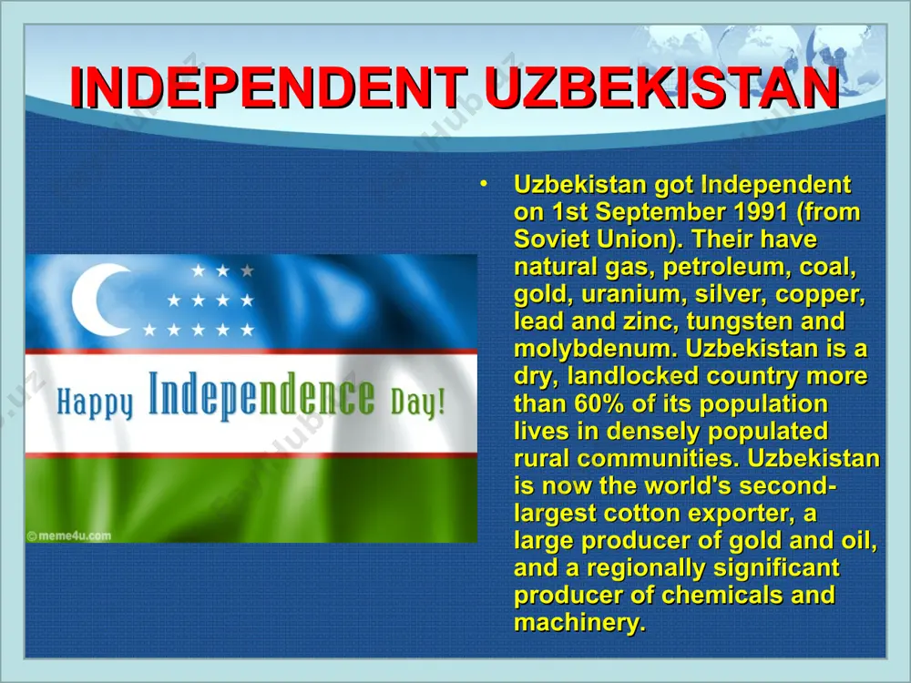 uzbekistan's copper deposits rank tenth in the world and its uranium deposits twelfth. the country's uranium production ranks seventh globally. the uzbek national gas company, uzbekneftgas, ranks 11th in the world in natural gas production with an annual output of 60 to 70 billion cubic meters. the country has significant untapped reserves of oil and gas: there are 194 deposits of hydrocarbons in uzbekistan, including 98 condensate and natural gas deposits and 96 gas condensate deposits. economy and industry of uzbekistan uzbekistan was the world's seventh-largest producer and fifth-largest exporter of cotton as well as the seventh largest world producer of gold. it is also a regionally significant producer of natural gas, coal, copper, oil, silver and uranium afrosiyob high-speed train built by spanish company talgo train links connect many towns within uzbekistan, as well as neighboring former republics of the soviet union. moreover, after independence two fast-running train systems …