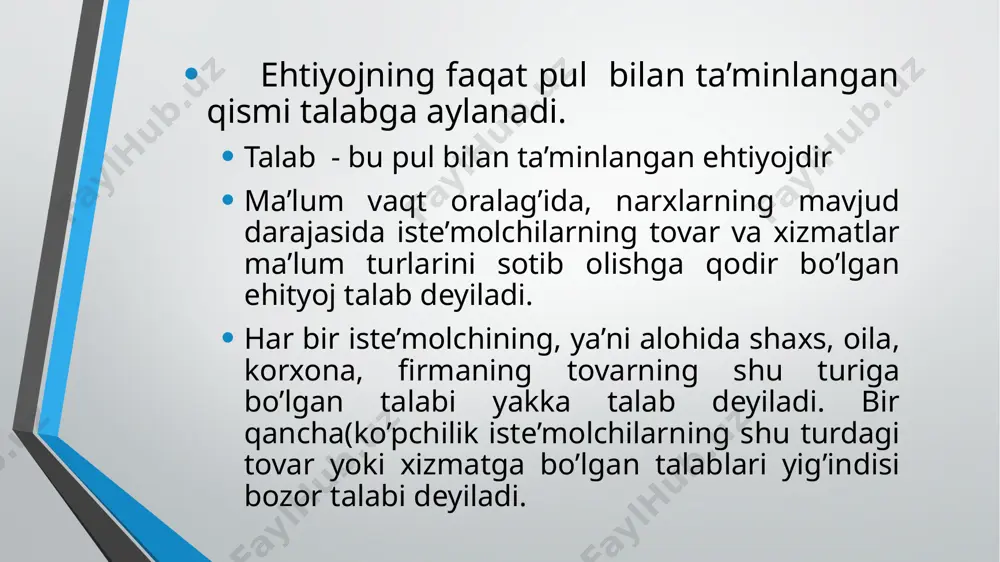 chanligi (эtf) darajasi quyidagi formula bo’yicha hisoblanadi: эtf=δq/δp δq-talab miqdorining foizli o’zgarishi, δp-narxlarning foizli o’zgarishi. e’tiboringiz uchun raxmat image2.jpeg image3.jpeg oleobject1.bin image4.emf oleobject2.bin image5.emf oleobject3.bin image6.emf image7.jpeg 0 50 100 150 200 250 300 350 400 1,0 t2,0t3,0t3,0t4,0t5,0t6,0t talab egri chizig'i 0 20 40 60 80 100 120 12345678 0 50 100 150 200 250 300 350 400 1,0tonna2,0tonna3,0tonna4,0tonna5,0tonna6,0tonna 1,0tonna 2,0tonna 3,0tonna 4,0tonna 5,0tonna 6,0tonna /docprops/thumbnail.jpeg