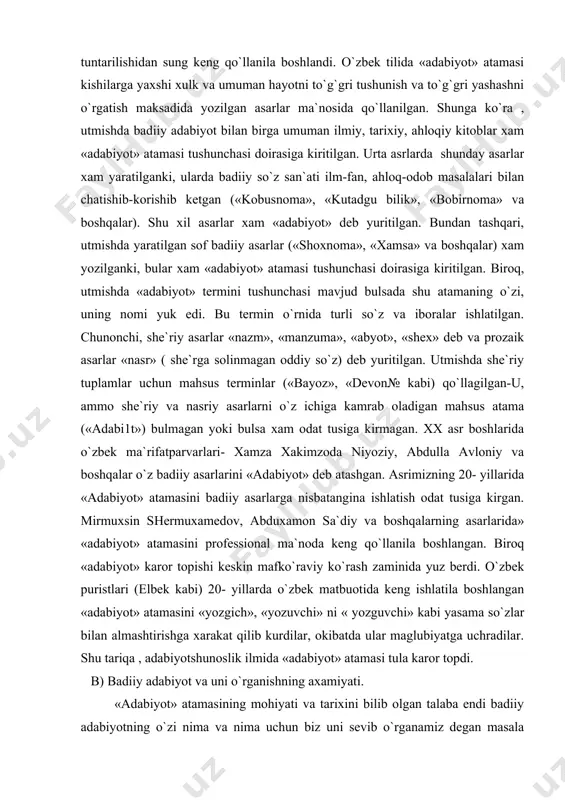 ni badiiy asarlarga nisbatangina ishlatish odat tusiga kirgan. mirmuxsin shermuxamedov, abduxamon sa`diy va boshqalarning asarlarida» «adabiyot» atamasini professional ma`noda keng qo`llanila boshlangan. biroq «adabiyot» karor topishi keskin mafko`raviy ko`rash zaminida yuz berdi. o`zbek puristlari (elbek kabi) 20- yillarda o`zbek matbuotida keng ishlatila boshlangan «adabiyot» atamasini «yozgich», «yozuvchi» ni « yozguvchi» kabi yasama so`zlar bilan almashtirishga xarakat qilib kurdilar, okibatda ular maglubiyatga uchradilar. shu tariqa , adabiyotshunoslik ilmida «adabiyot» atamasi tula karor topdi. b) badiiy adabiyot va uni o`rganishning axamiyati. «adabiyot» atamasining mohiyati va tarixini bilib olgan talaba endi badiiy adabiyotning o`zi nima va nima uchun biz uni sevib o`rganamiz degan masala ustida bosh kotiradi. tugri, butun kurs dvomida badiiy adabiyotning mohiyati, qonuniyatlari va xususiyatlari o`rganiladi va shu jarayonda kitobxonning badiiy asarga bulga qiziqishi, ehtiyojlari oshib borayotganligining sabablari ochiladi. bu o`rinda esa talaba badiiy adabiyot haqida ibtidoiy ma`lumot olishi joizdir. avvalo shuni aytish kerakki , adabiyot san`atning bir turi, u- so`z …