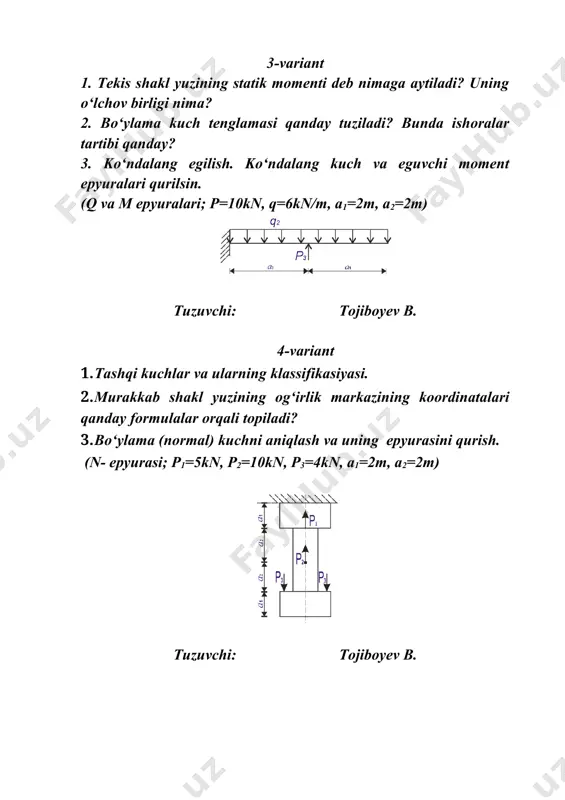 hi: tojiboyev b. 14-variant 1. ichki kuchlar. kesish usuli. kuchlanishlar. 2. muhandislik tuzilmalari qismlarining hisob sxemalari 3. ko‘ndalang egilish. ko‘ndalang kuch va eguvchi moment epyuralari qurilsin. (q va m epyuralari; m=5knm, p=10kn, q=6kn/m, a1=2m, a2=2m) tuzuvchi: tojiboyev b. 15-variant 1. balka ixtiyoriy ko‘ndalang kesimidagi eguvchi moment tenglamasi qanday tuzilishini tushuntiring. 2. siljish.umumiy tushunchalar. 3. burovchi moment va uning epyurasini qurish. (m epyuralari; m1=5knm, m2=10knm m3=2knm a1=2m, a2=2m) tuzuvchi: tojiboyev b. 16-variant 1. “materiallar qarshiligi” fani haqida asosiy tushunchalar 2. kesimdagi ko‘ndalang (kesuvchi) kuch nima va u qanday topiladi? 3. bo‘ylama (normal) kuchni aniqlash va uning epyurasini qurish. (n- epyurasi; p1=5kn, p2=10kn, p3=4kn, a1=2m, a2=2m) tuzuvchi: tojiboyev b. 17-variant 1. ichki kuchlar. kesish usuli. kuchlanishlar. 2. muhandislik tuzilmalari elementlarining asosiy turlarini tushuntiring 3. ko‘ndalang egilish. ko‘ndalang kuch va eguvchi moment epyuralari qurilsin. (q va m epyuralari; m=5knm, p=10kn, q=6kn/m, a1=2m, a2=2m) tuzuvchi: tojiboyev b. 18-variant 1. deformasiyalar va ko‘chishlar. 2. cho‘zilish …