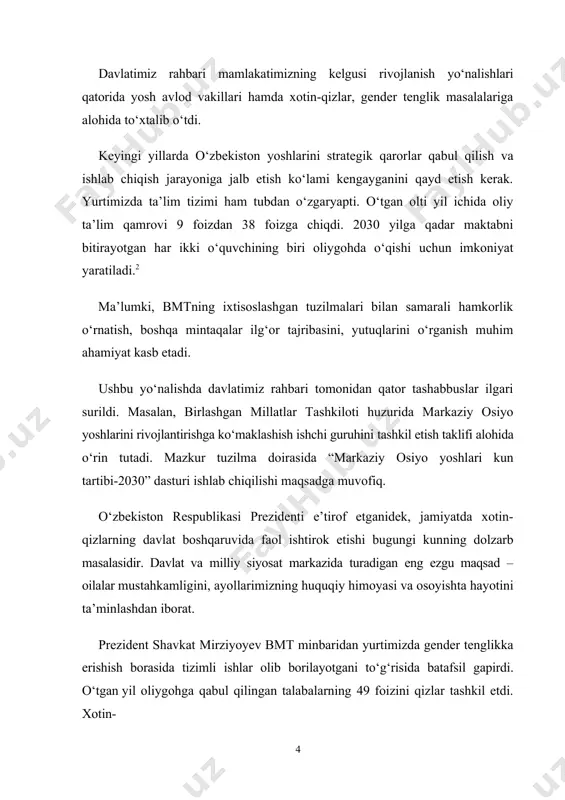va mamlakatimiz nufuzini jahon miqyosida ko‘tarilishiga zamin yaratadi. shavkat mirziyoyev ayollarning bunyodkorlik salohiyatini ro‘yobga chiqarish masalasini muhokama qilish va tajriba almashish uchun kelgusi yil yurtimizda osiyo xotin-qizlari forumini o‘tkazishni taklif etdi. bu g‘oya ham o‘zbekiston – bmt uyg‘un tashabbuslari bilan hamohang. 3 o‘zbekiston respublikasi prezidenti shavkat mirziyoyev birlashgan millatlar tashkiloti bosh assambleyasi 78-sessiyasida so‘zlagan nutqidan 39 kurs ishining ilmiy o’rganilganlik darajasi: ta‘kidlash jоizki, mustaqillik yillarida ushbu sоhada qatоr tadqiqоtlar amalga оshirildi. ushbu izlanishlarning asоsini huquqiy tarbiyalashda yosh va jins xususiyatlari, yoshlar o’rtasidagi muammolar, huquqiy tarbiya va gender tengligining huquqiy asoslarini yaratish masalalarini o’rganish kabi jamiyat huquqiy tizimining muhim tarkibiy elеmеntlarini o’rganishga qaratilgan tadqiqоtlar tashkil etadi. huquqiy tarbiyalashda yosh va jins xususiyatlari, yoshlar o’rtasidagi muammolar, huquqiy tarbiya va gender tengligiga оid masalalarning nazariy-huquqiy jihatlari mamlakatimizning z.amirov, f.eshonqulov, u.tadjixanov, a.saidov, r.a.ubaydullayeva kabi huquqshunоs оlimlari ilmiy izlanishlarida o’rganilgan. kurs ishining maqsadi ― huquqiy tarbiyalashda yosh va jins xususiyatlarining o'rni mavzusini o’qitishning nazariy va …