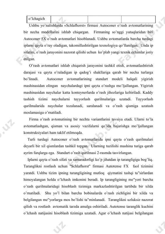 fx bu (ya‟ni maxsulot o’rash turi) bilan kesishgan shaklda kattaroq qadoq ipini o’rashni amalga oshiradi. bu tizim bochka shakli hosil bo’lishining oldini oladi. o’ram diametrining ortishi bilan hosil bo’ladigan yuqoriga ko’taradigan kuch yo’qotiladi. o’lchovlar natijasida aniq uzunlik olinadi. ecopack fx bu ( ya‟ni optik linza uzili ) yordamida optik linza yordamida mahsulot bilan uzviy aloqa qilmasdan xaridor talabiga ko’ra aniq uzunligi o’lchab beriladi. “murata” firmasi mashinalarining umumiy ish samaradorlik jarayonlari (high quality) yuqori sifatliligi, (high productivity) yuqori mahsuldorligi, (energy reducation) energiya tejamkorligi, (reduction and easy operation) yuqori sifat, yuqori samaradorlik, energiya tejamkor va oson boshqaruvligi bilan farqlanadi. 5-rasm.variopask fx kerakli hajimda va ecopack fx kerakli uzunlikda ipni o‟rash ipni o’rashdagi nuqsonlarni, asosan pilta ko’rinishida o’rashning oldini olish uchun propack fx tizimi barabancha va bobinaning aylanish tezligini o’lchaydi. natijalar hisoblash tizimida taqqoslangach, tezlikni o’zgartirish bilan bir vaqtda bobinaning barabanchaga bosimi avtomatik tarzda rostlanadi. qayta o’rash avtomatlarida iplar uzilganda ulash tizimi yo’lga …
