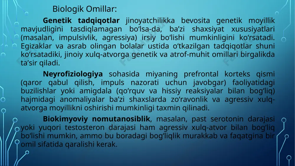 di. tengdoshlar guruhining salbiy ta'siri, ayniqsa, o‘smirlar orasida jinoyatga moyillikni kuchaytirishi mumkin. ommaviy axborot vositalarida zo‘ravonlikning haddan tashqari romantiklashtirilishi yoki uni oddiy holat sifatida ko‘rsatish ham jamiyatda agressiya darajasini oshirishi mumkin. madaniy stereotiplar, ba'zi hududlarda qonun ustuvorligining sustligi ham jinoyatchilikning rivojlanishiga sharoit yaratadi. yakuniy guruh – bu rivojlanish omillari. bolalik va o‘smirlik davridagi tajribalar, shaxsning ijtimoiy ko‘nikmalarining shakllanishi jinoyat xulq-atvorining shakllanishida hal qiluvchi rol o‘ynaydi. agar bola to‘g‘ri tarbiya, ta'lim va ijtimoiy qo‘llab-quvvatlashdan mahrum bo‘lsa, unda salbiy xulq-atvorning rivojlanish ehtimoli ortadi. testlar: 1. quyidagilardan qaysi biri jinoiy xulq-atvorning biologik omiliga kiradi? qashshoqlik b) empatiya yetishmasligi c) genetik moyillik d) notoʻgʻri tarbiya 2. antisotsial shaxsiyat buzilishi qaysi omillar guruhiga tegishli? biologik b) psixologik c) sotsiologik d) iqtisodiy 3. quyidagilardan qaysi biri jinoiy xulq-atvorning sotsiologik omili hisoblanadi? miya tuzilishidagi anomaliyalar b) impulsivlik c) tengdoshlar guruhining salbiy taʼsiri d) ruhiy kasalliklar 4. jinoiy xulq-atvorga taʼsir qiluvchi omillarni birgalikda oʻrganuvchi yondashuv qanday nomlanadi? monodeterministik …