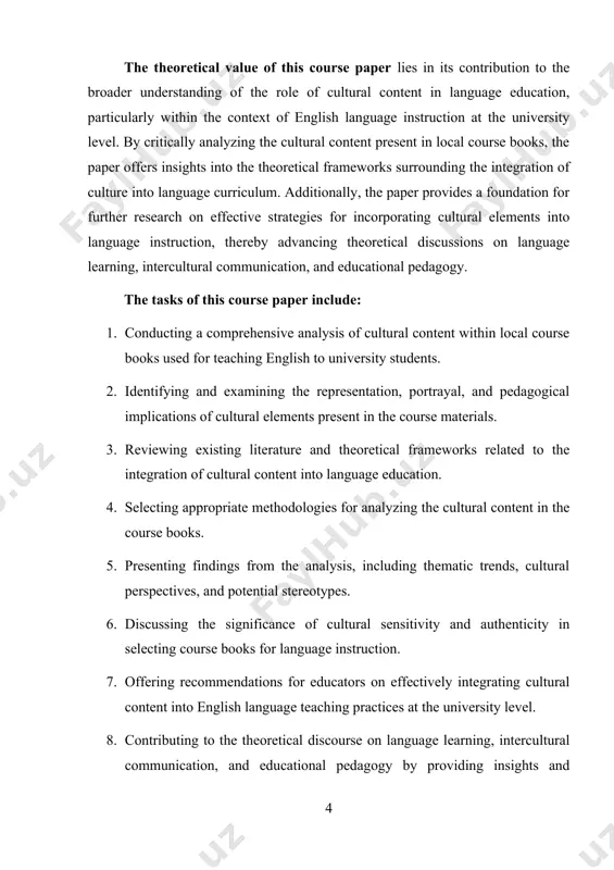 s to explore the significance, challenges, approaches, and pedagogical implications of integrating cultural content into english language teaching, highlighting its multifaceted nature and its transformative potential in language education. one of the primary aims of integrating cultural content into english language teaching is to provide learners with authentic and meaningful language experiences that reflect the cultural contexts in which english is used as a medium of communication. by exposing learners to diverse cultural perspectives, practices, and discourses, educators can facilitate a deeper understanding of the cultural dimensions of language and enhance learners' communicative competence in real-world settings. moreover, incorporating cultural content into elt fosters cultural awareness, empathy, and appreciation, thereby promoting intercultural understanding and tolerance among learners from different cultural backgrounds. however, the integration of cultural content into english language teaching is not without its challenges. one of the key challenges is the diverse and dynamic nature of culture, which …